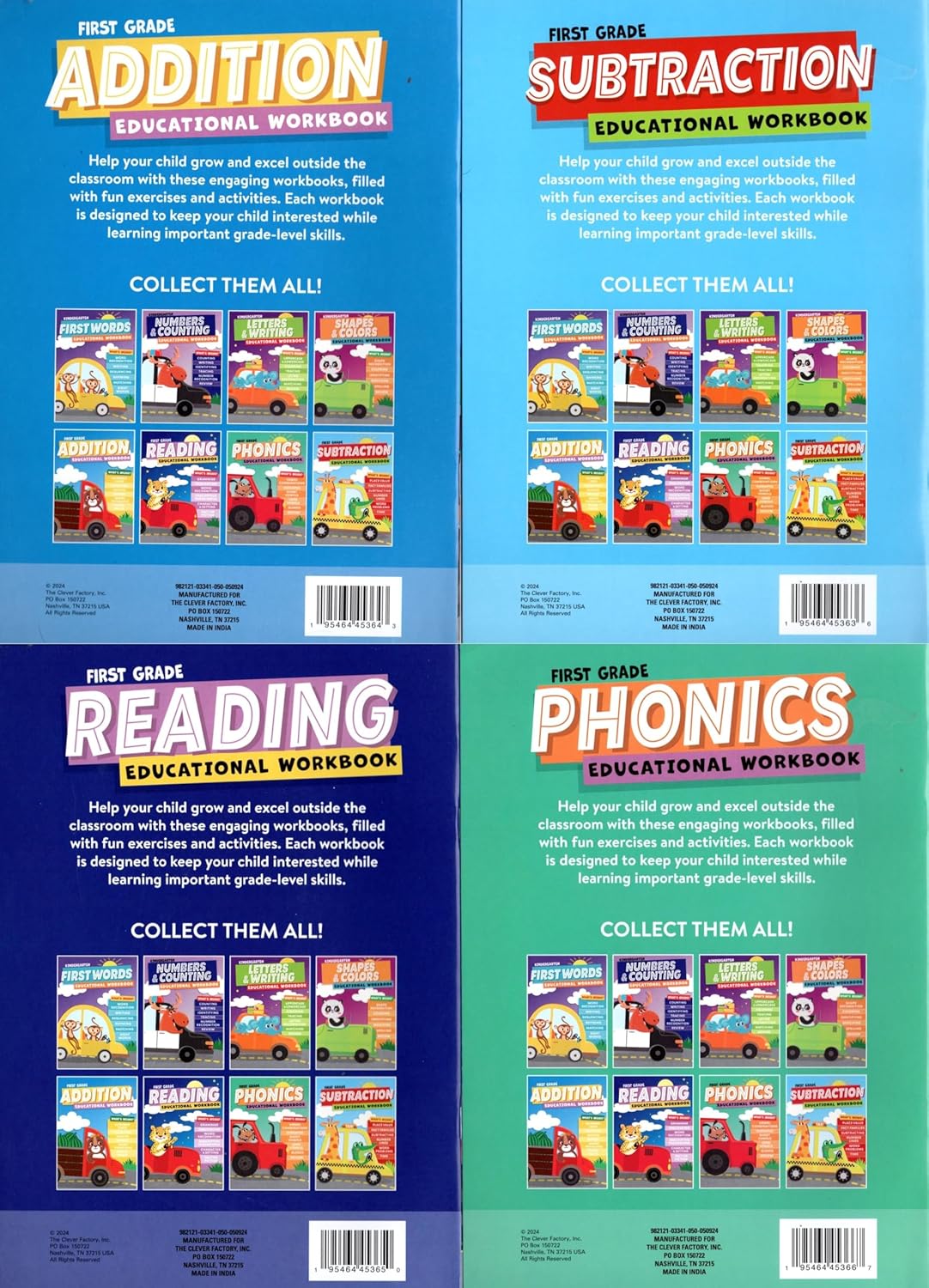 Good Grade 1年生教育ワークブック スペル、フォニックス、足し算、引き算 - 4冊セット v2