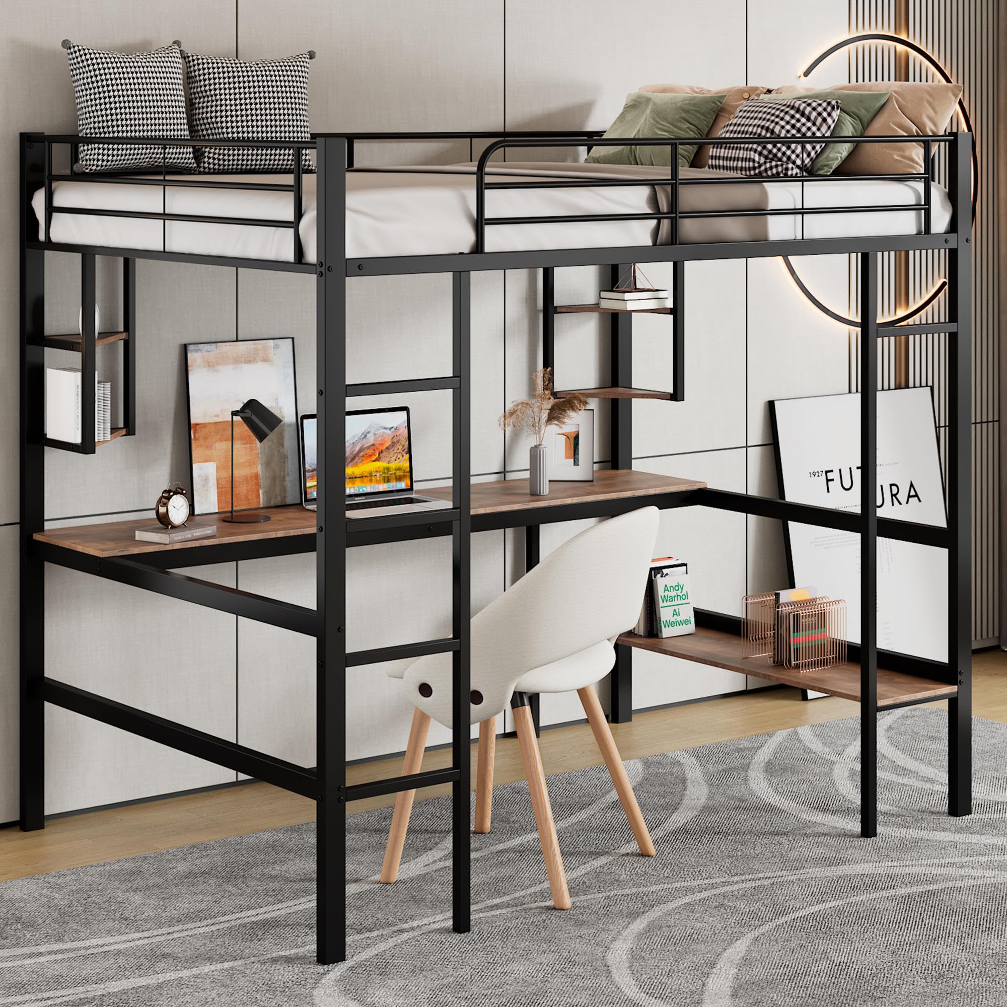 Cama alta de metal 140x200 con escritorio integrado y estantería negra