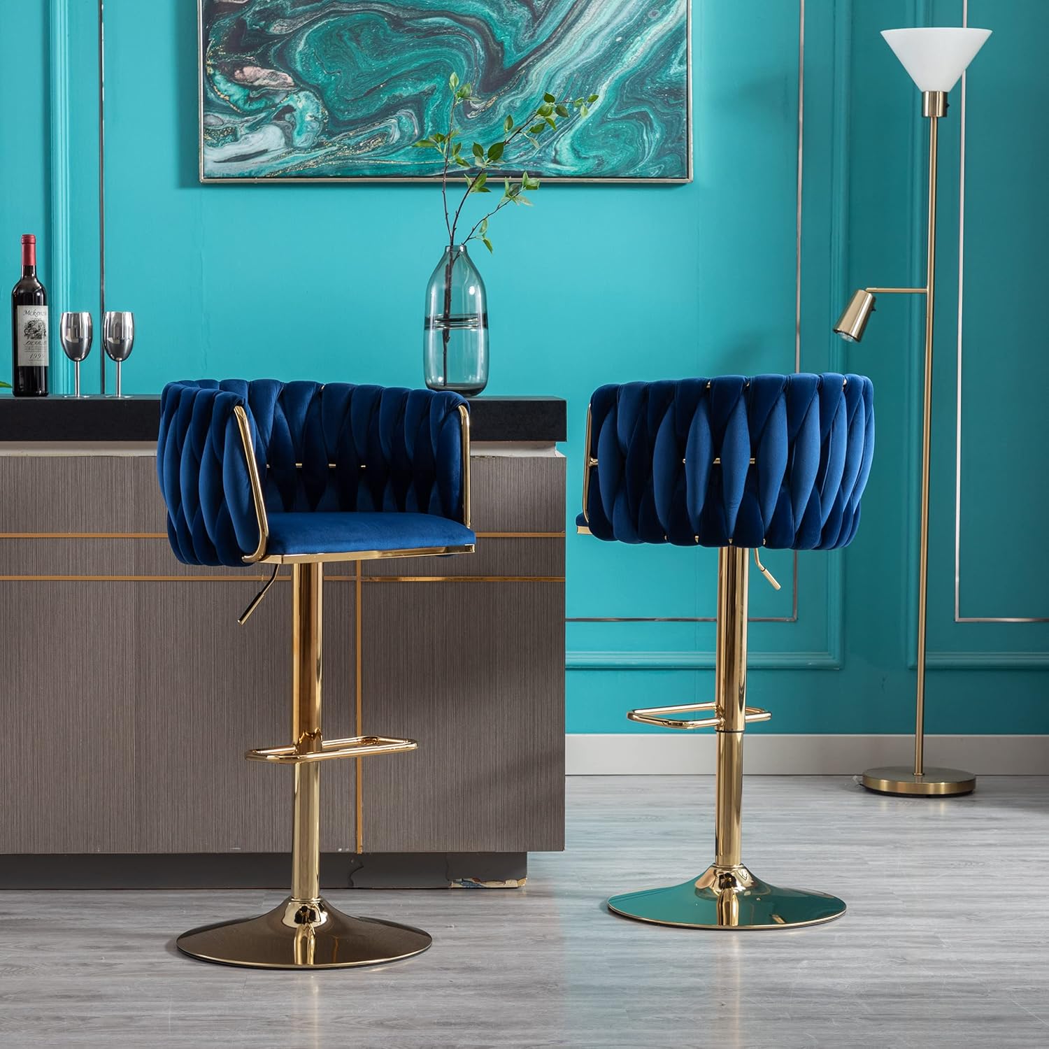 Swivel Velvet Bar Stools Set of 2 - Adjustable Counter Height Dining Chairs with Woven Back, Perfect for Bar Counters, Kitchen Islands, Cafes, and Pubs (Blue + Golden, Set of 2)