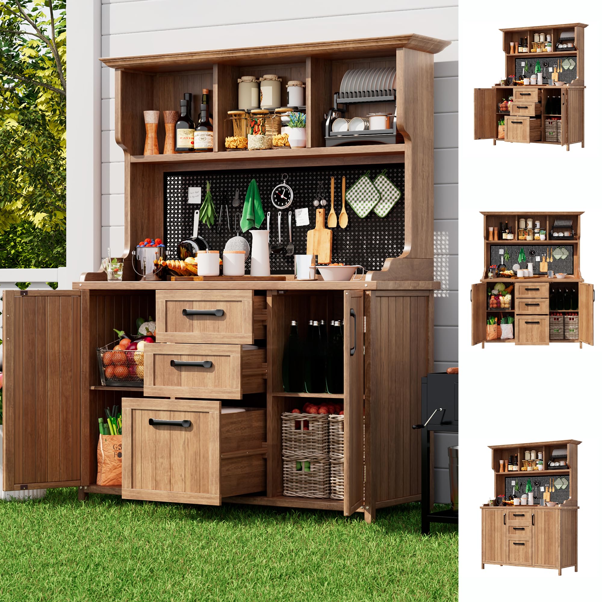 Gartenschrank Massivholz wetterfest Grün mit Arbeitsplatte & 2 Schubladen, Outdoor-Geräteschrank für Garten Terrasse Balkon, mit 2 Regalböden & magnetischem Schloss