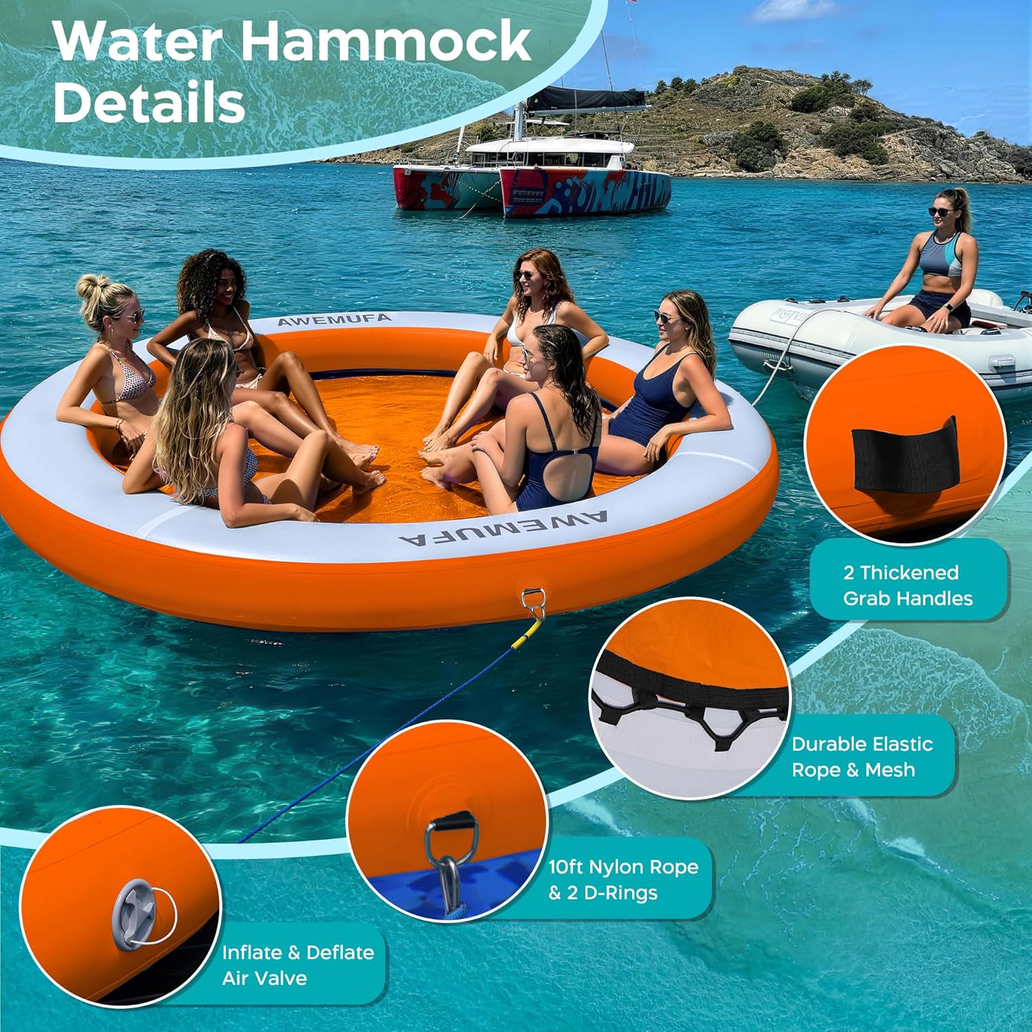 AWEMUFA 8ft Water Hammock 8 inches Thick Round Float Ring with Mesh Lake Floats for Adults Heavy Duty Circle Floating Mat for Pool Inflatable Water Raft for Summer Parties