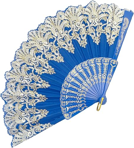 EOSAU Abanico plegable español, ventilador de mano vintage, patrón retro tradicional, marco de plástico de tela para boda, fiesta de baile (azul) EOSAU Abanico plegable español, ventilador de mano vintage, patrón retro tradicional, marco de plástico de tela para boda, fiesta de baile (azul)