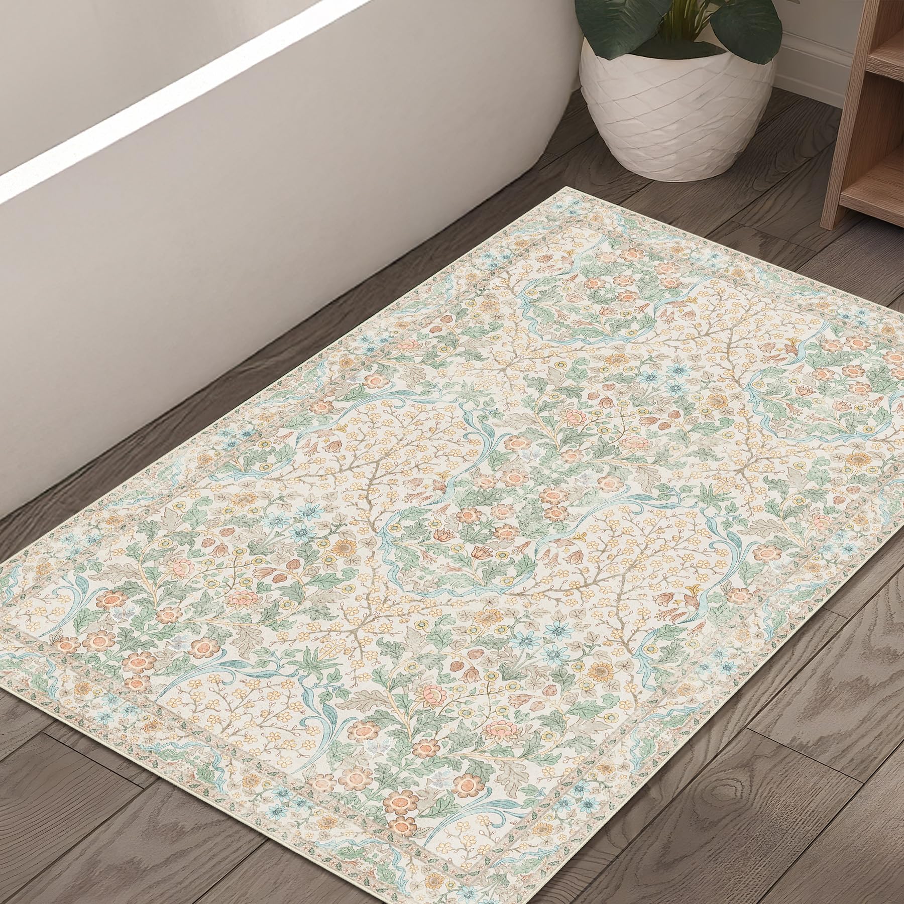 MUJOO 2x3 Washable Rug,Floral Small Area Rugs for Bathroom Entryway Entry Bedroom Bedside,Boho Front Door Mat Indoor Entrance Throw Carpet Neutral