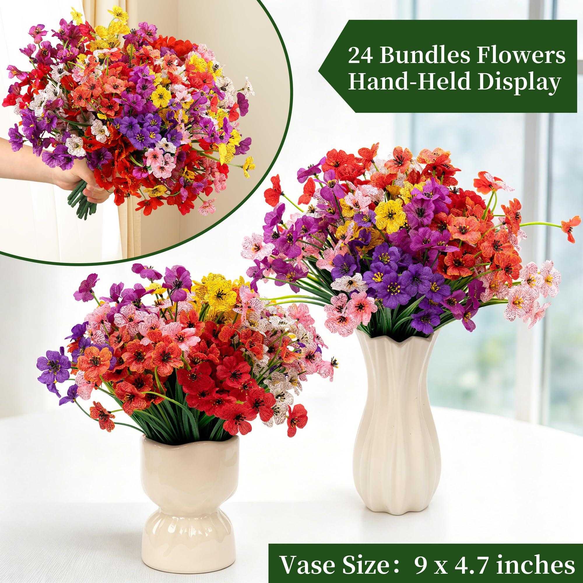 Künstliche Blumen für drinnen und draußen, für drinnen und draußen, Garten, Veranda, Fensterkasten, Zuhause, Hochzeit, Bauernhaus, 24 Bündel (8 Farben)