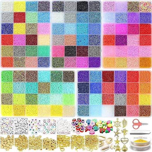 54000pcs Glass Seed Beads for Jewelry Making Kit, 120 Colors 2mm Small Beads with Letter Evil Eye Beads Jump Rings & Charms Pendants for Bracelets Making, DIY, Art and Craft