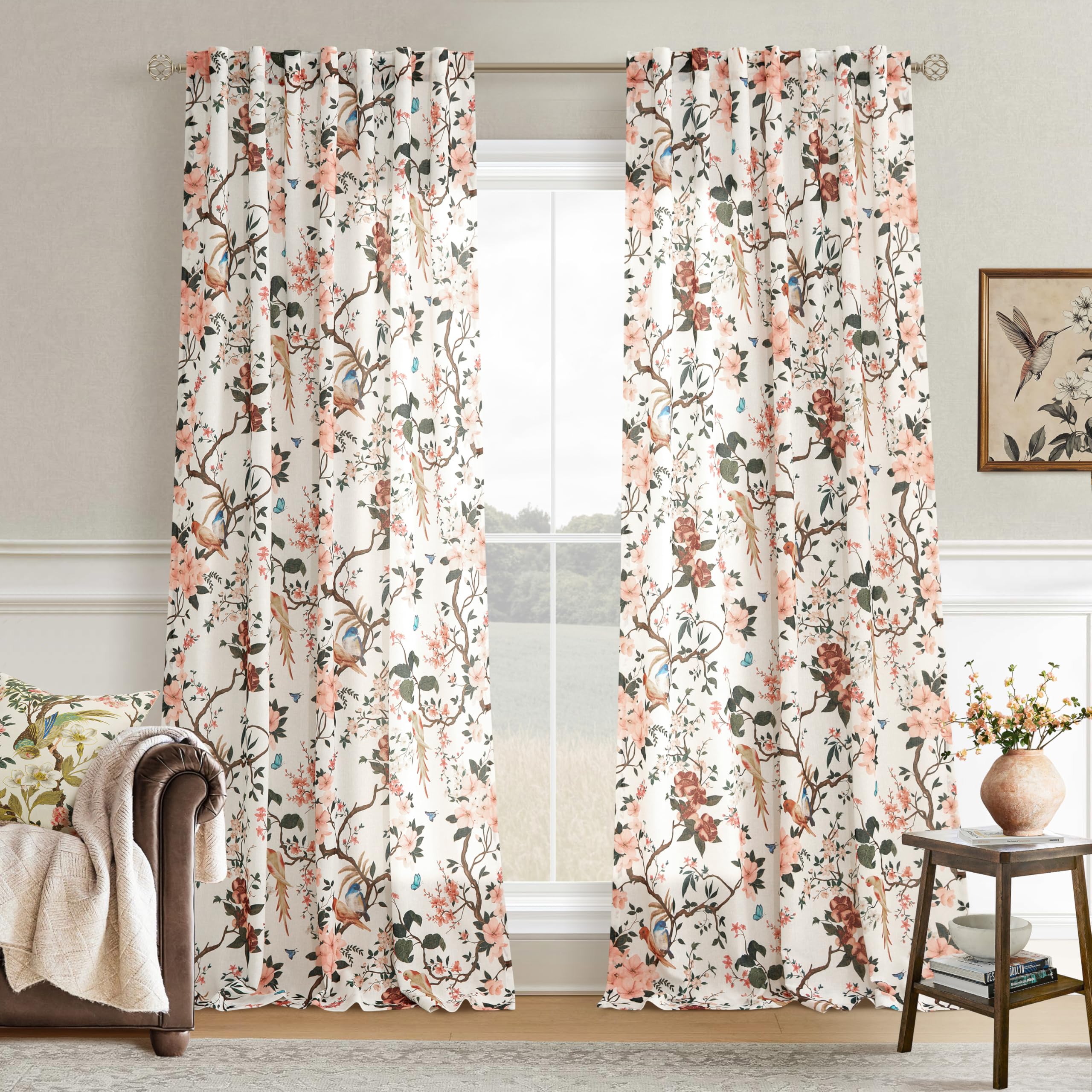 120 Inch Beige White Floral Bird Linen Curtains 2 Panels for Living Room | Back Tab,Extra Long,Boho Farmhouse,Vintage,Light Filtering,Leaf Flower,Cream Ivory,Botanical Flower Patterned Printed Drapes