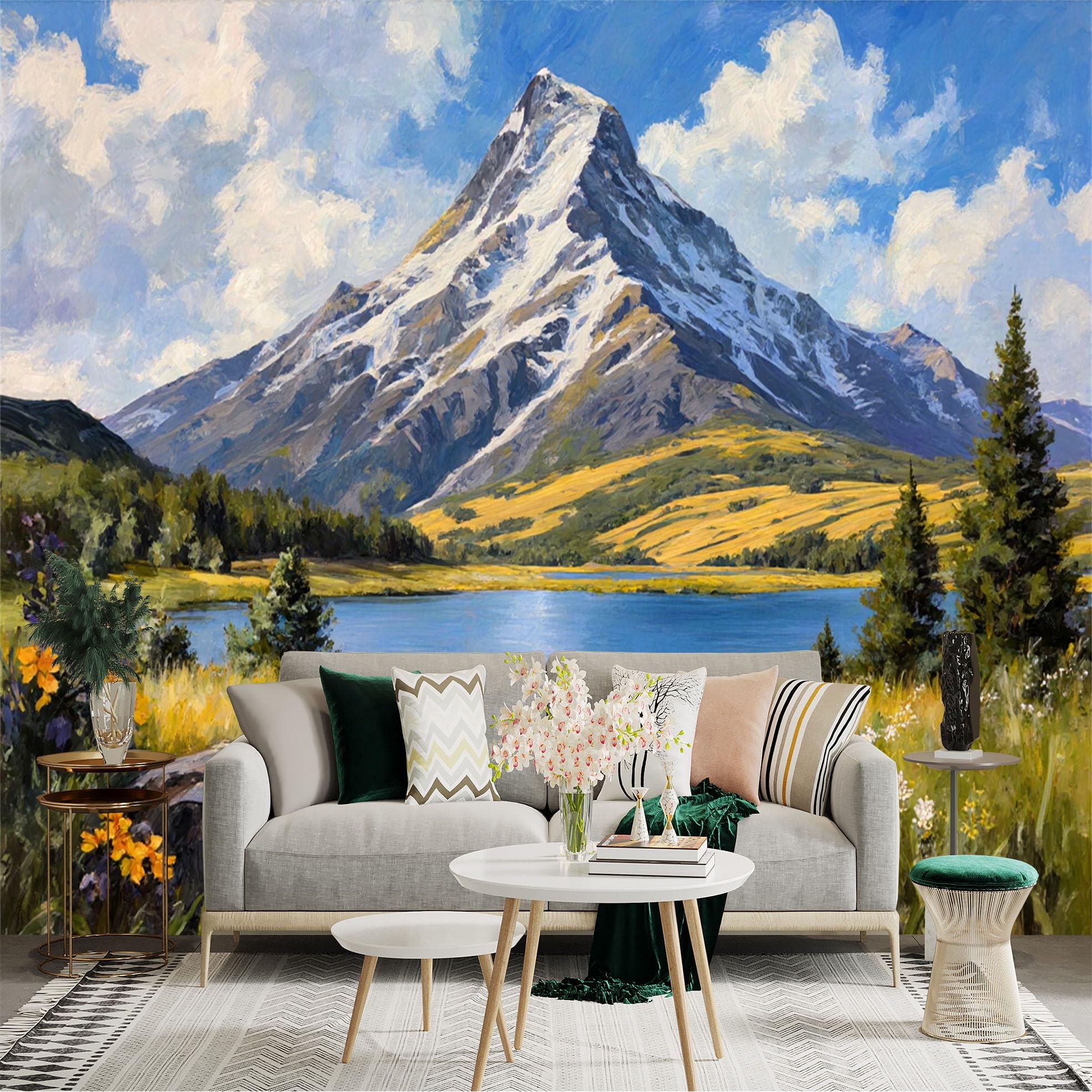 Custom Size Wall Sticker Mural， Oil Painting of Snowy Mountain， Serene Alpine Lake， Golden Wildflower Meadow， Summer Landscape Scenery， for wall Decoration， peelandstick wall Decals.