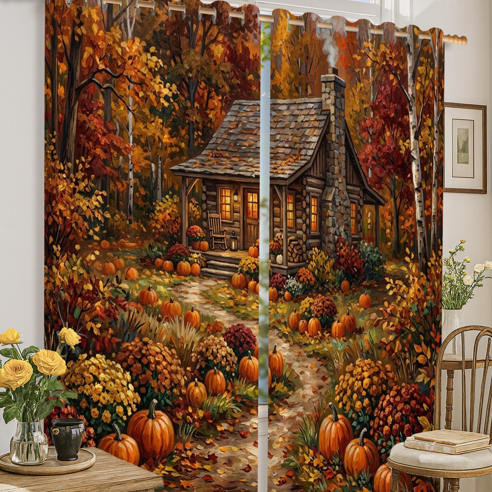 Rideaux occultants citrouilles orange d'automne style rustique cottage pour chambre 132x183cm