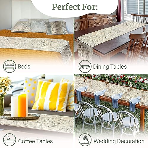 Miniatura 3 de LIVALAYA Camino de mesa de macramé de 86 pulgadas de largo, de algodón, bohemio, para comedor o mesa auxiliar, camino bohemio para decoración de