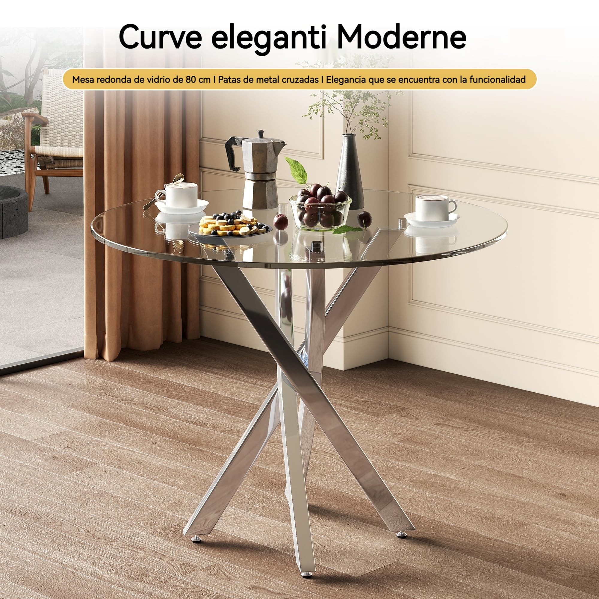 Mesa de comedor redonda 80 x 80 x 75 cm, tapa de cristal templado con patas de metal galvanizado, mesa de comedor pequeña, para salón, cocina, comedor, 2-4 personas, color plateado