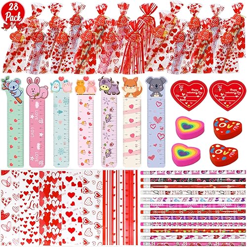 Paquete de 28 regalos para el día de San Valentín para niños juego de papelería de San Valentín con reglas borradores tarjetas bolsas de regalo para