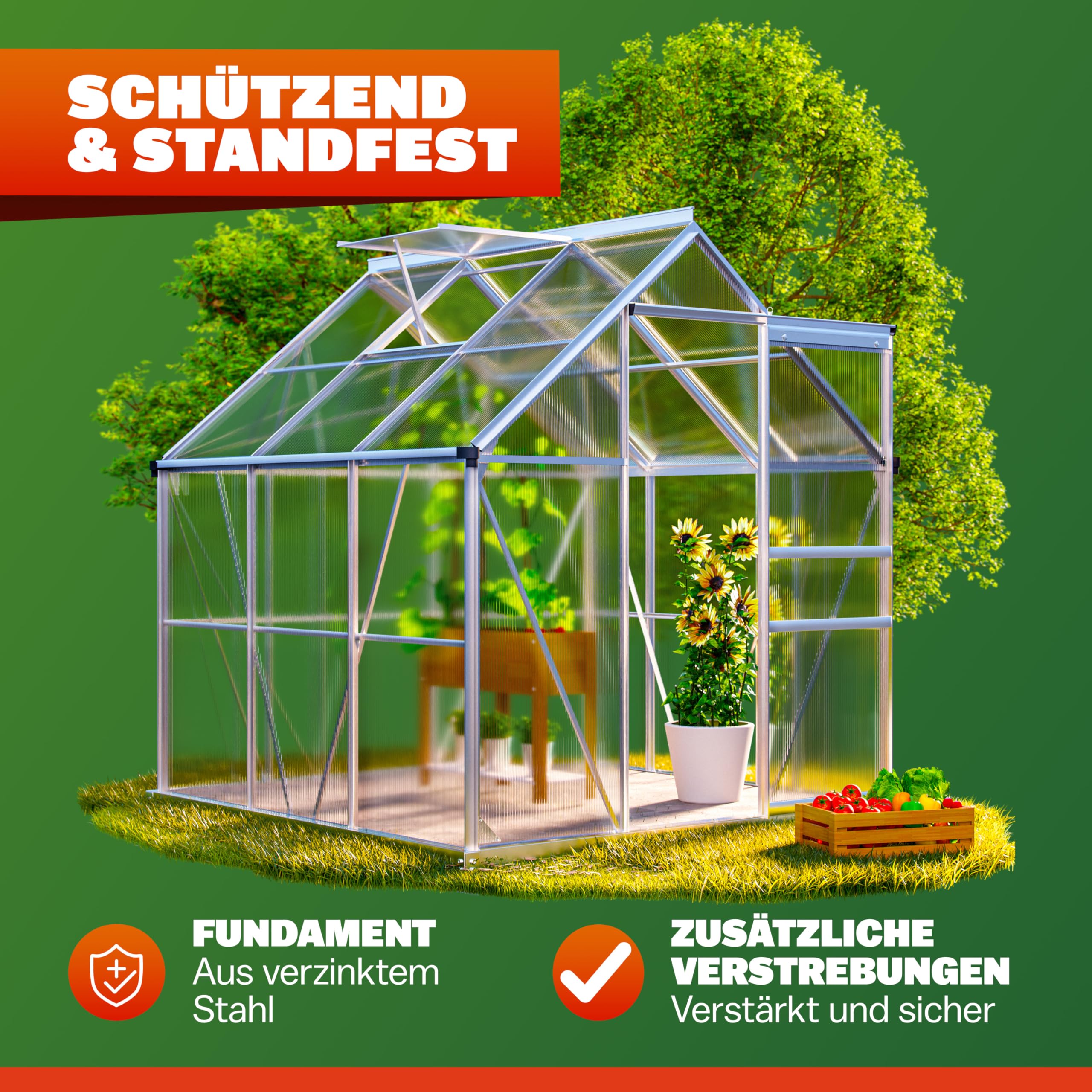 GARDEBRUK® Gewächshaus Aluminium 3,6m² mit Fundament 190x190cm inkl. Dachfenster Tomatenhaus Treibhaus Anzuchthaus Garten Frühbeet Aufzucht 5,8m³
