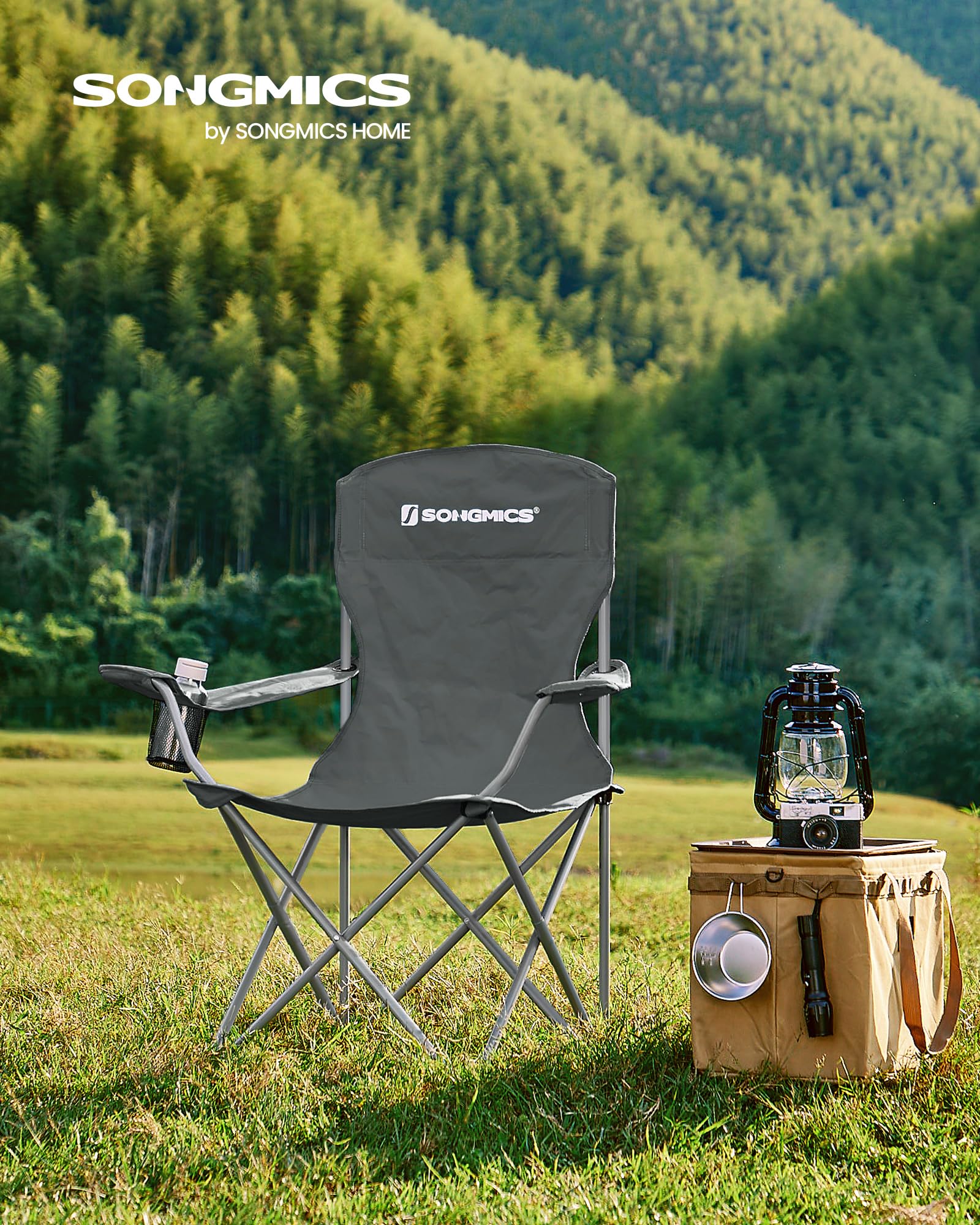 SONGMICS Set di 2 sedie pieghevoli da campeggio, comode, struttura resistente, portata massima 150 kg, sedia da esterno con portabicchieri, per campeggio, giardino, pesca, terrazza, grigio ardesia