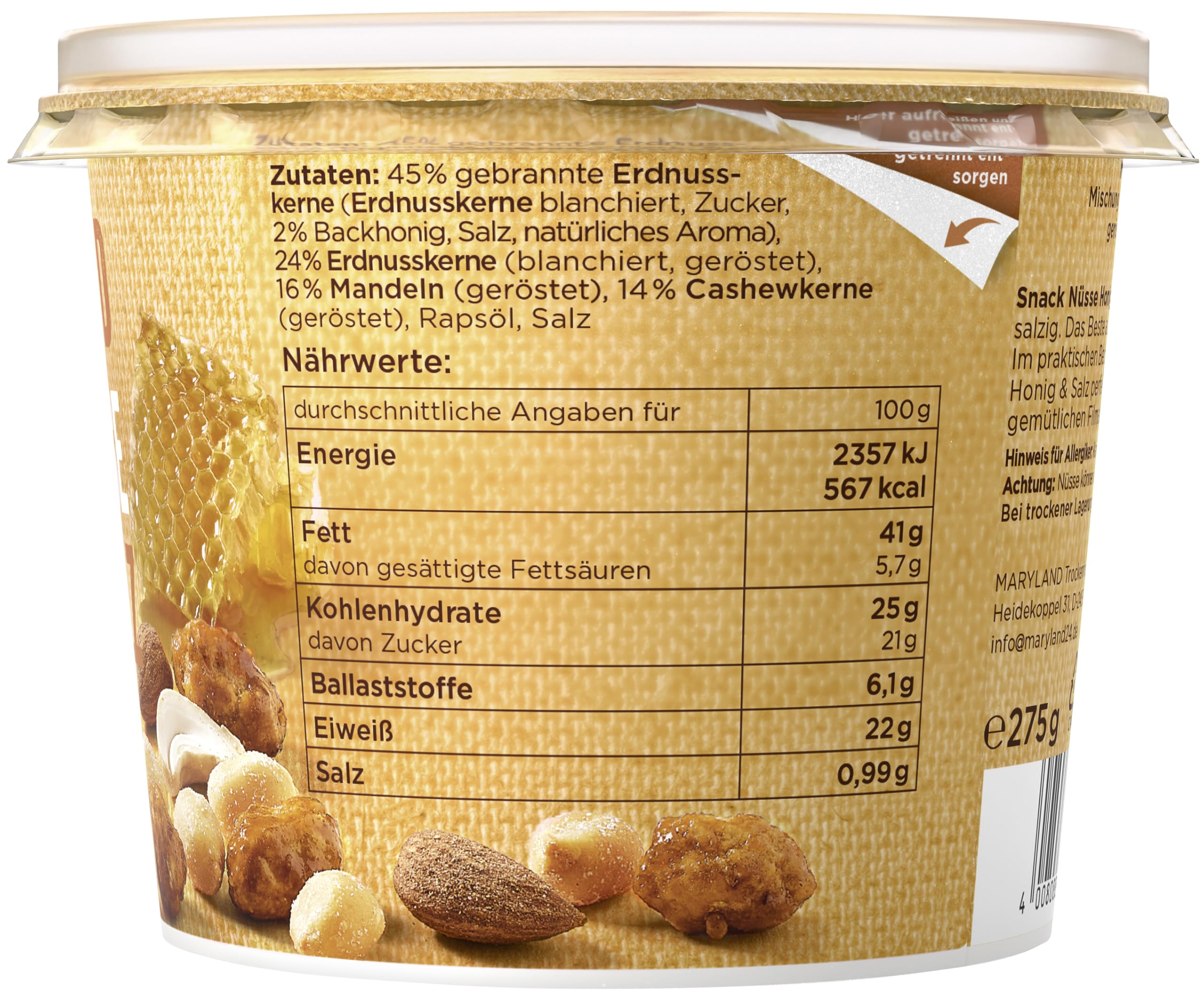 Maryland Snack Nüsse Honig & Salz 275g Becher Vorratspack - Erdnüsse, Cashewkerne und Mandeln in Nussmischung - Süß & salzig - wiederverschließbarer Becher (6 x 275g)