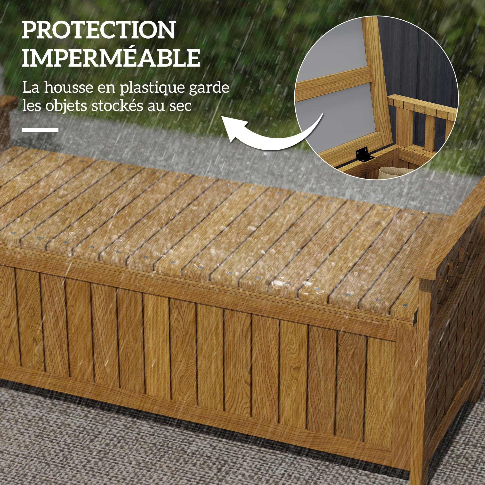 Outsunny Banc de Jardin en Bois 2 Places avec Espace de Rangement de 151L, Banc d'extérieur avec accoudoirs, Charge 240 kg, pour Jardin Balcon, 128,5 x 52 x 53,5 cm Marron