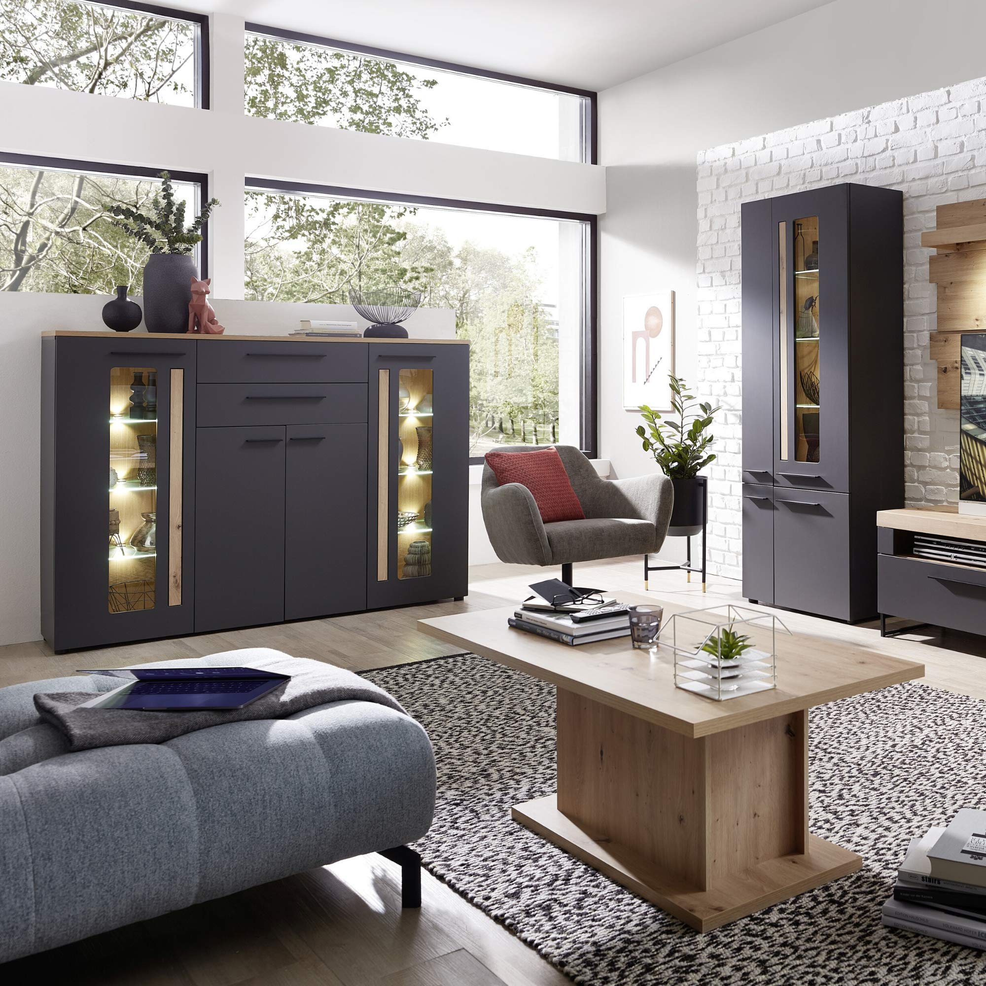 Stella Trading Loft-Two-Apariencia Artisan, salón y Comedor, Madera de ingeniería, Roble Artesano Grafito, Highboard