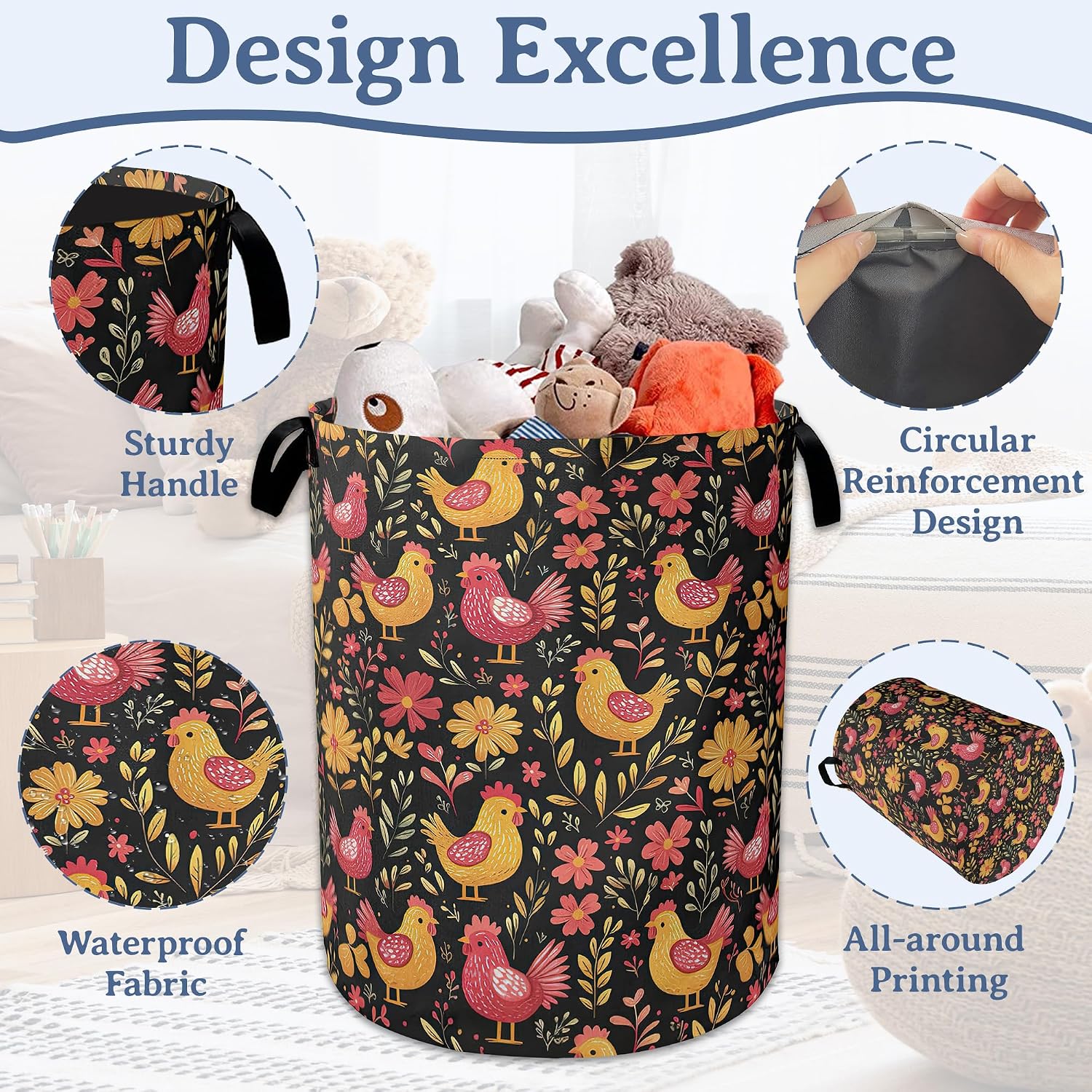 Chicken Rooster Laundry Basket,Oxford Cloth Hen Flower Meadow Laundry Hamper With Handle Foldable Portable Clothes Storage Basket for Laundry Room/Bedroom/Bathroom 20.8"x16"