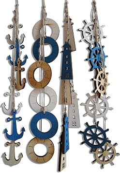 Beach House Themed Decor Hangings with Tri-Color Anchors, Lighthouses, Captains Wheel and Life Rings 4 Pieces