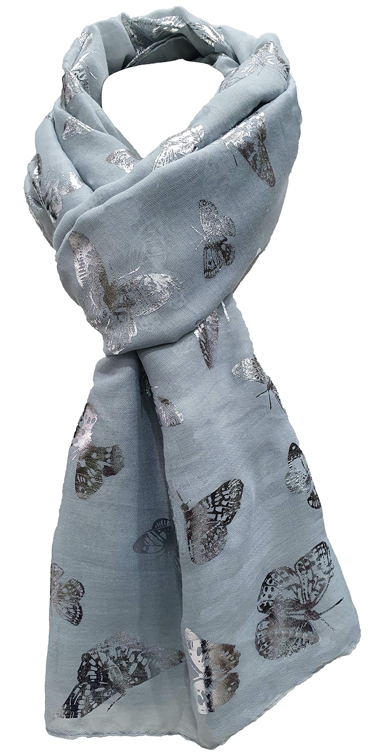 World of Shawls New Butterfly Print Ladies Celebrity Style Scarves Maxi, Scarf, Wrap, Sarong, shawls (Silver With Silver Foil Butterfly)