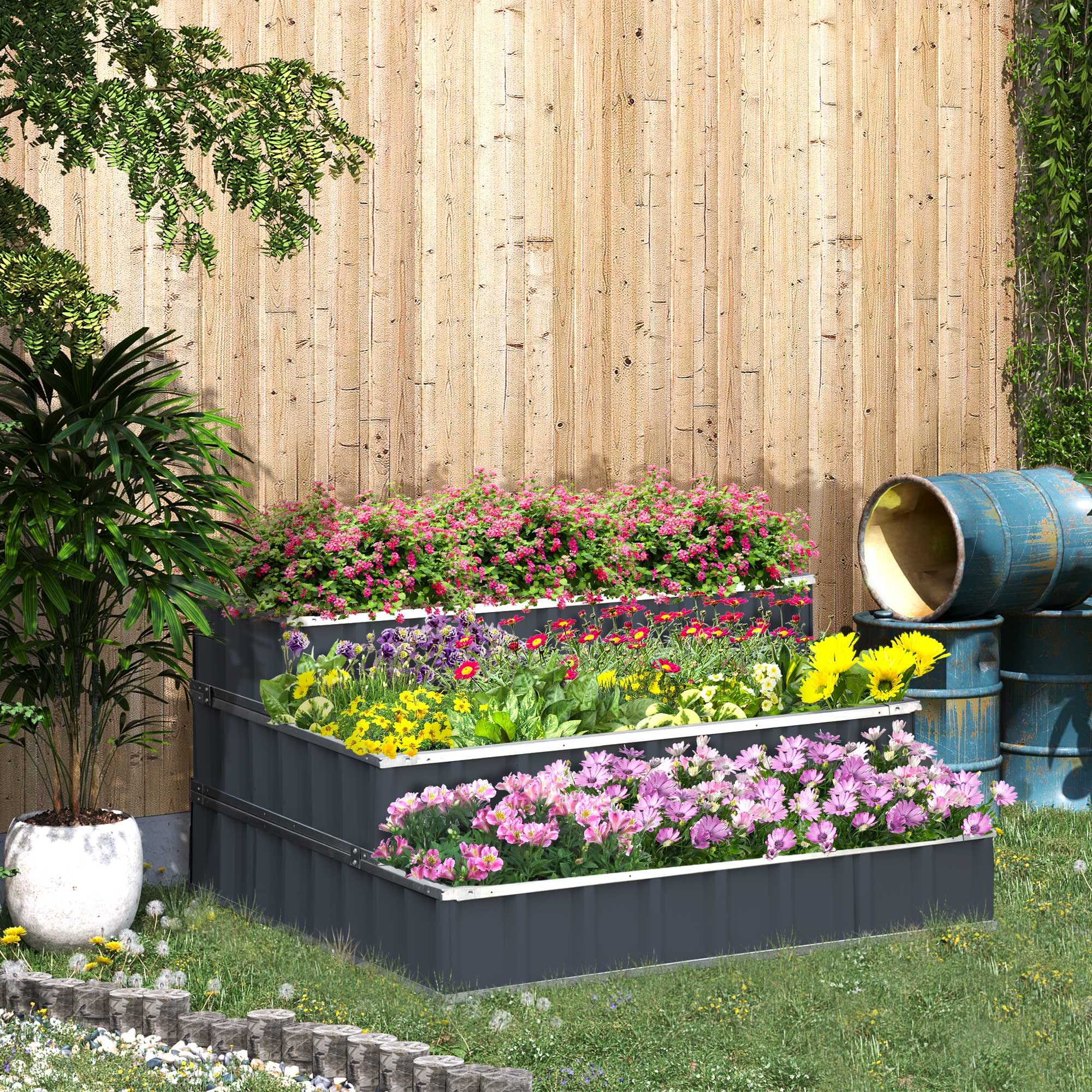Outsunny Plate-bande surélevée en acier à 3 niveaux avec panneaux en forme de T, gants, parterre de plantes, escalier de fleurs, pour balcon, jardin, gris foncé 118 x 118 x 62 cm