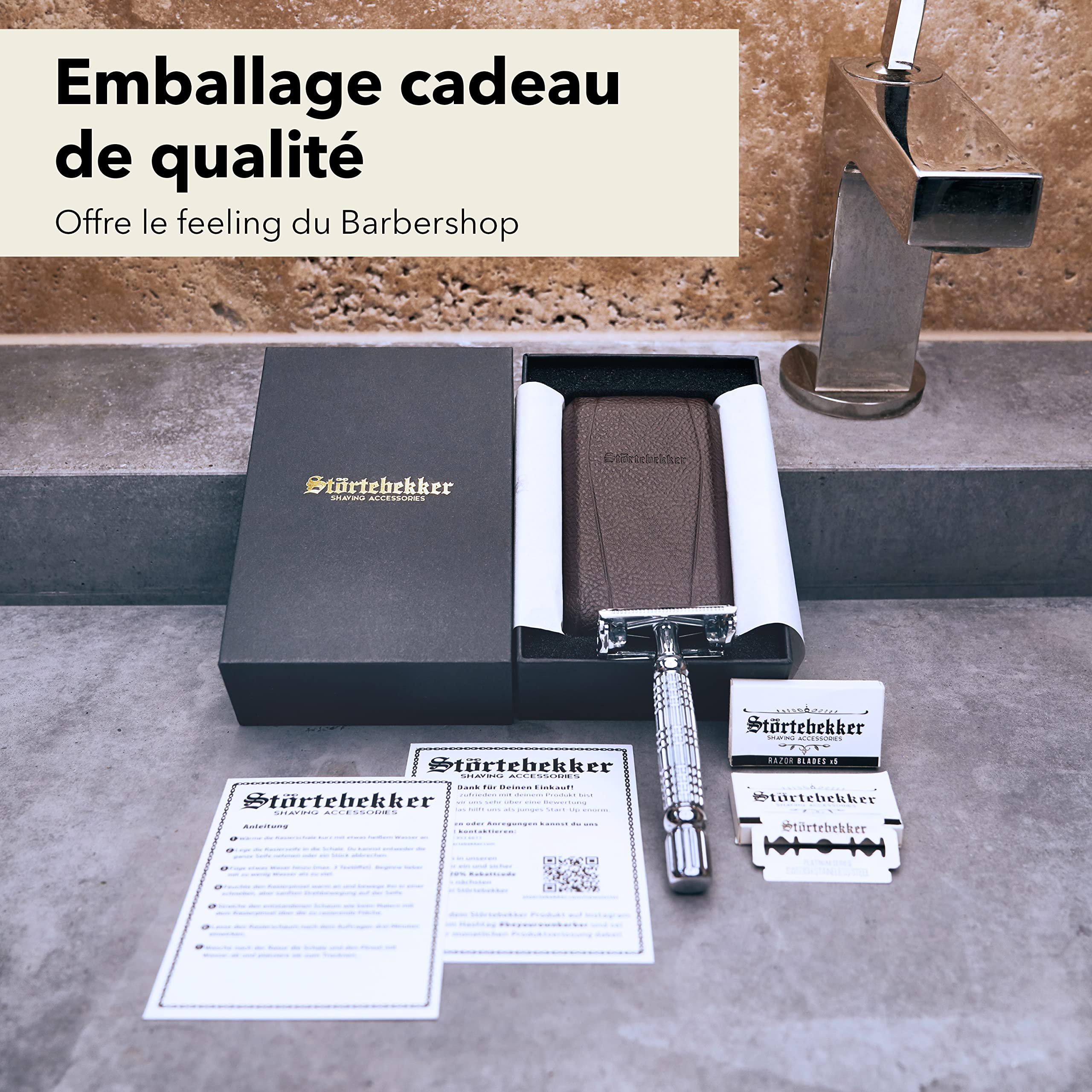 Störtebekker Rasoir de sûreté homme, étui cuir fait main - Set rasage, avec 10 lames de rasoir - Étui voyage et miroir intégré - Rasoir homme manuel - Rasoir homme (Argent - Café)