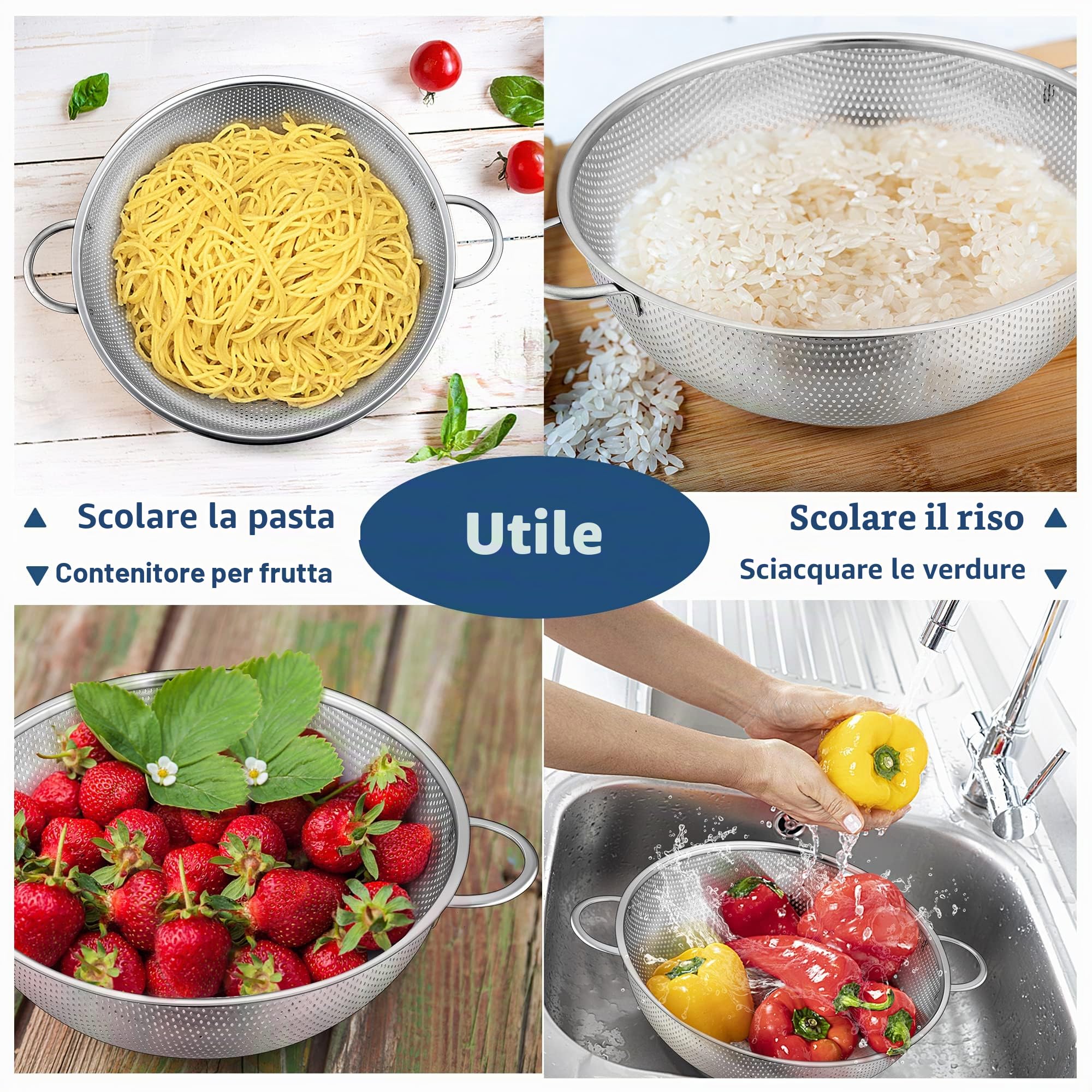 Herogo Colino da 28 cm in acciaio inox, manico, colino per pasta microforato, scolapasta e risciacquo di alta qualità e lavabile in lavastoviglie