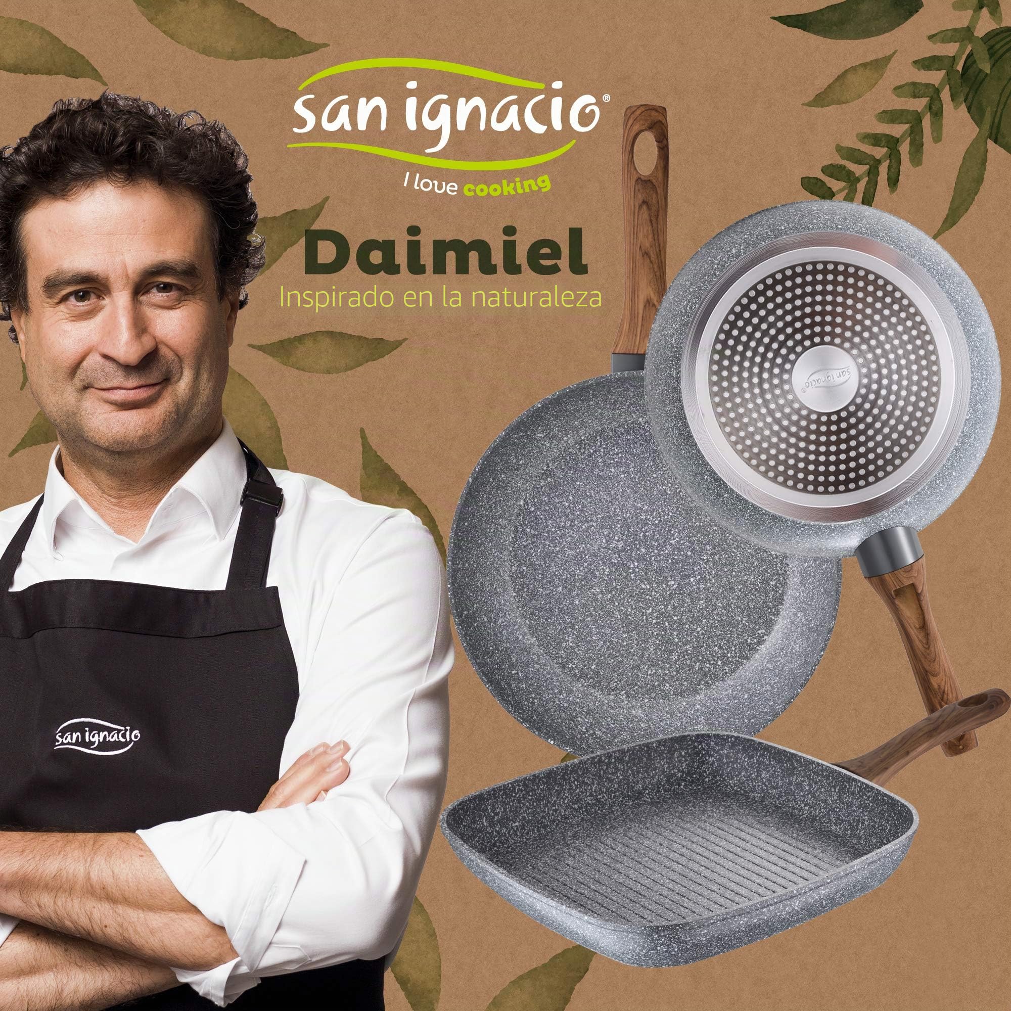 Bateria de cocina 7 piezas SAN IGNACIO Faro, acero inoxidable, con juego sartenes (18/22 cm) y grill 28x28 cm SAN IGNACIO Daimiel en aluminio forjado