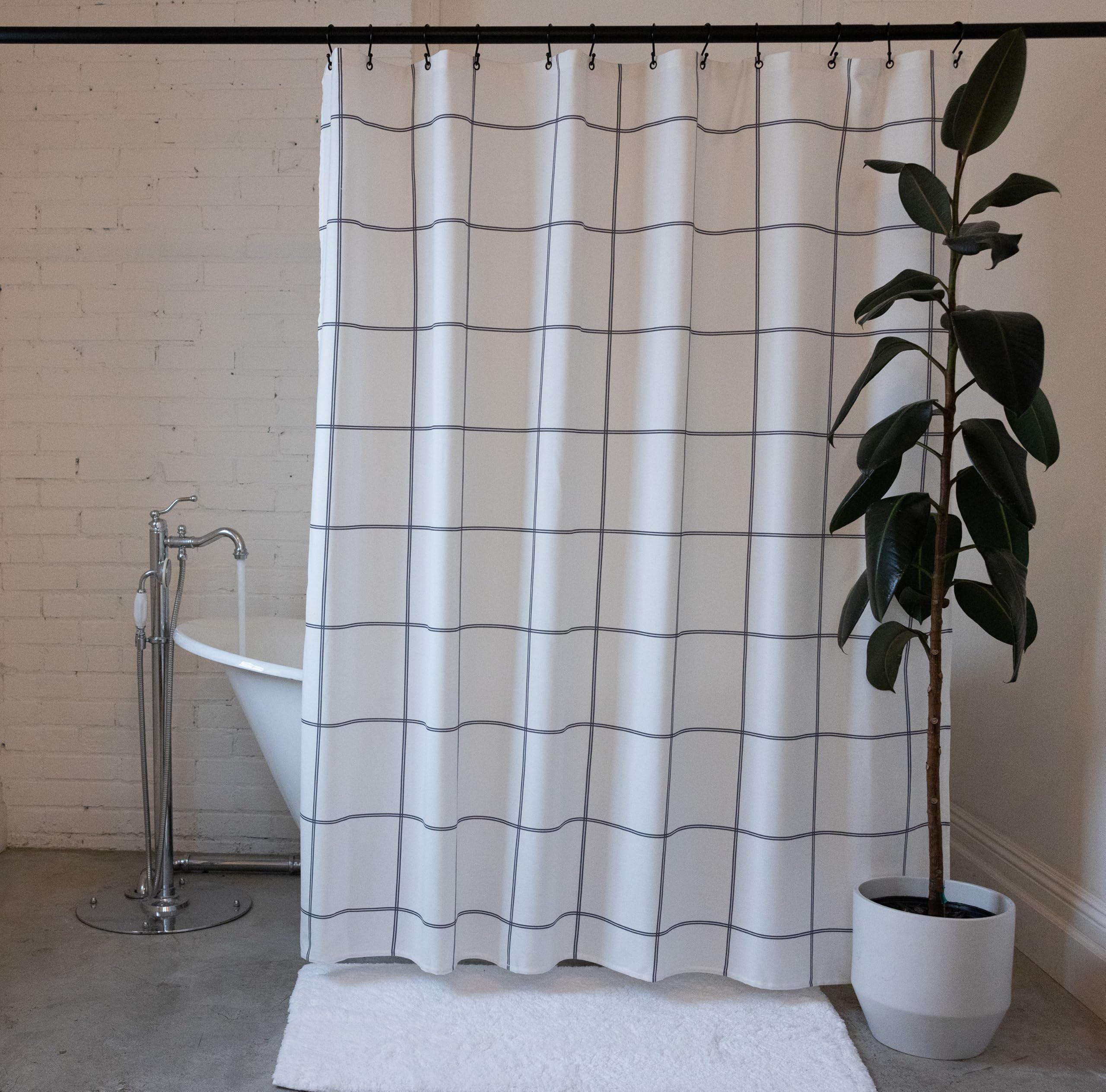 Elena Home Goods Fabric Shower Curtains for Bathroom | Luxury Cotton Polyester Blend | 72x72 inch Standard Size | White Shower Curtain with Gray Windowpane Plaid | Cute Fabric Shower Curtain