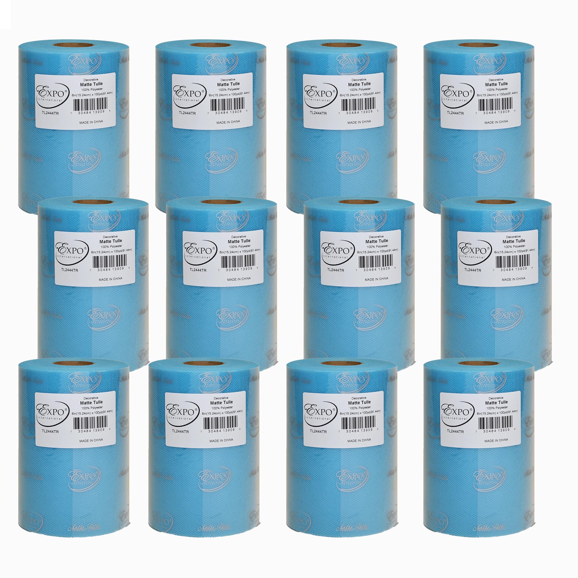 Expo International Decorative Matte Tulle, Roll/Spool of 6” X 100 Yards, Lightweight Polyester Tulle Fabric for Tutus, Costumes, and Party Decorations, Washable, Easy-to-Use, Pack of 12, Turquoise