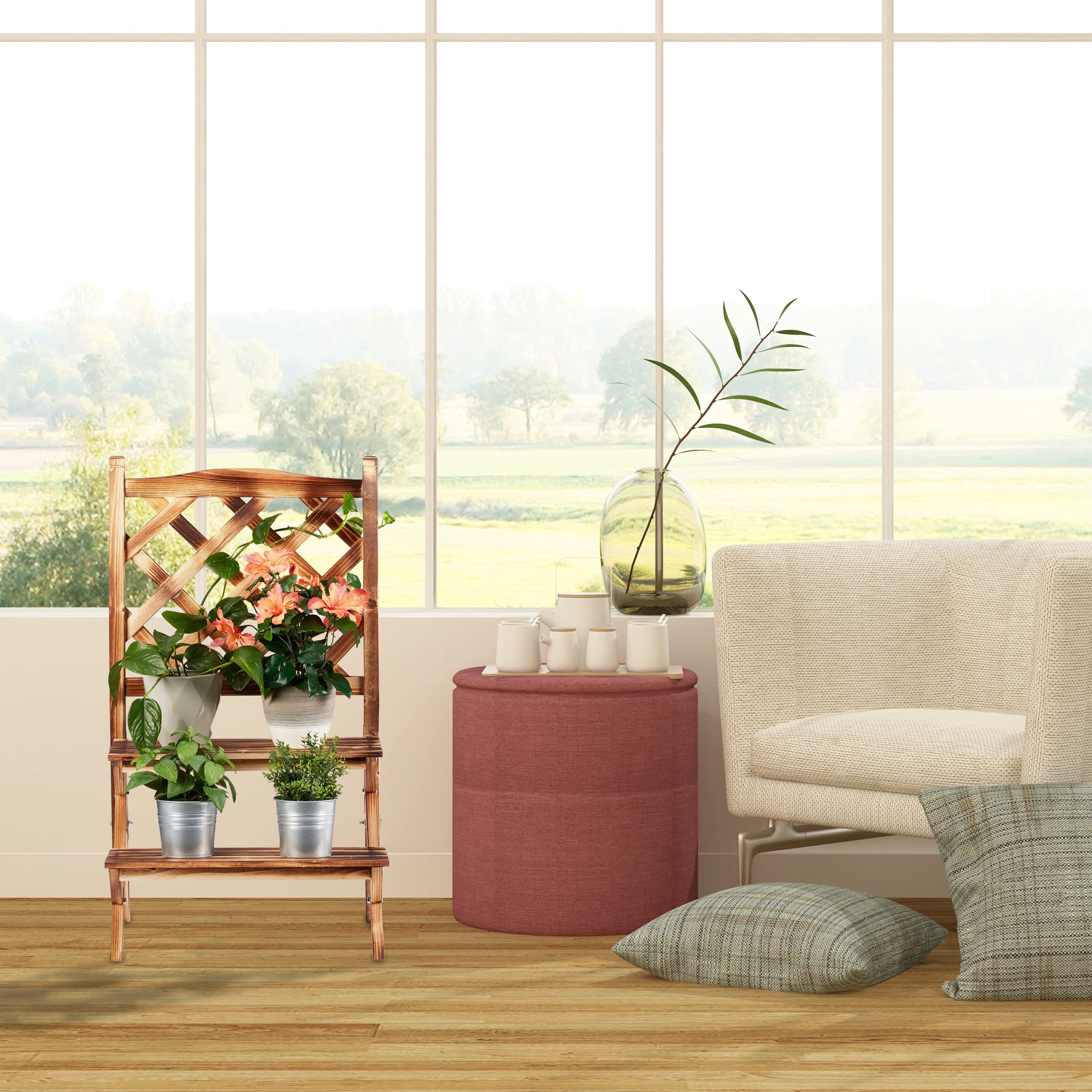 Relaxdays Etagère à fleurs Treillis bois escalier plantes échelle étagère plantes Grille 2 marches, brûlé