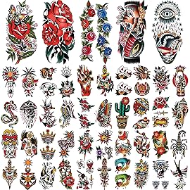 77 Sheets Temporary Tattoo for Women and Men, 17 Sheets Half Arm Chest Shoulder Fake Tattoos, 60 sheets Tiny for Adults Vintage Multi Colored Mixed Style Waterproof Realistic Tattoos Long-Lasting