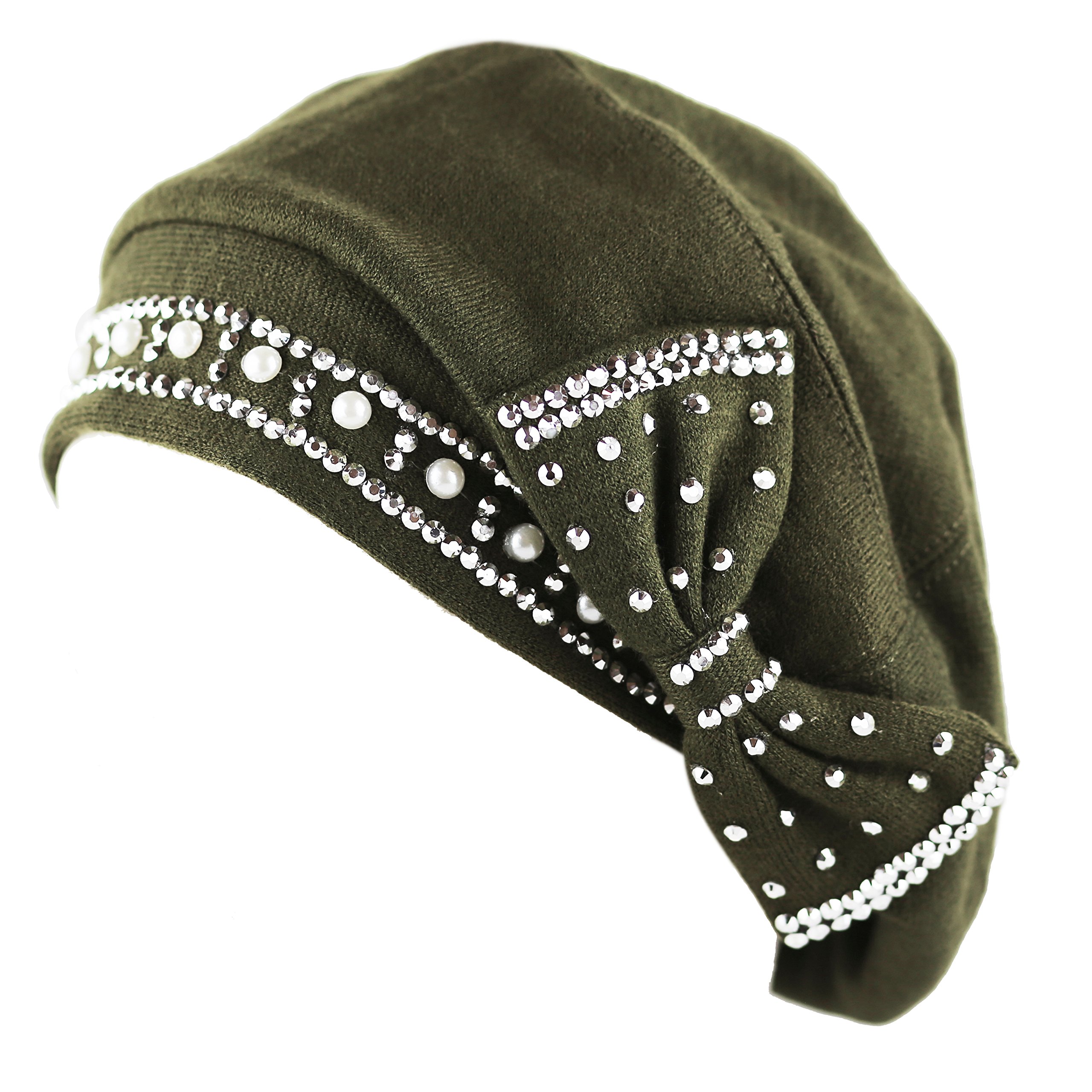 The Hat Depot200h4908R Handmade Fleece Lining Ribbon Beanie with Rhinestone and Pearls