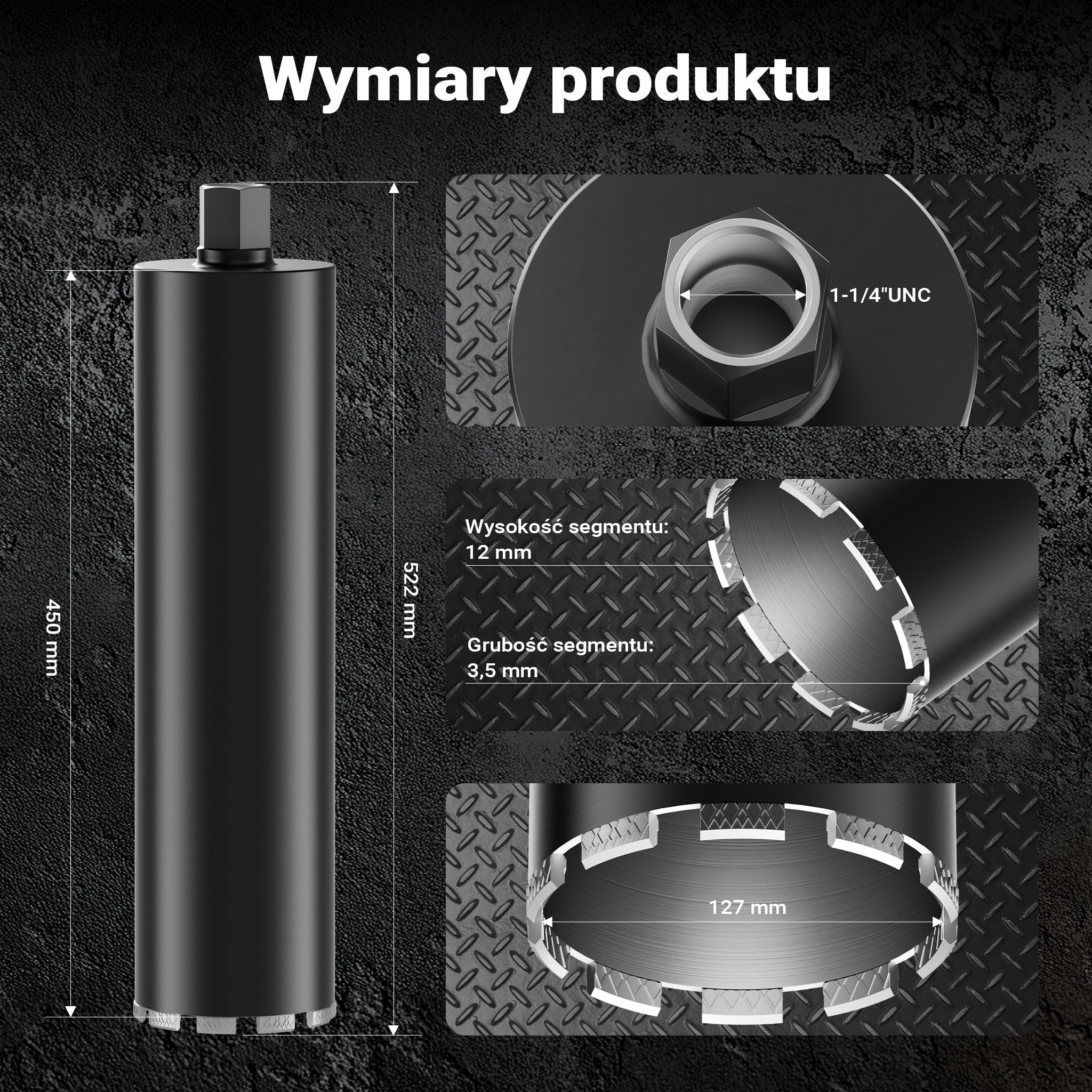 Wiltec Wiertło diamentowe koronowe typu Mesh Ø 127 mm o długości 450 mm, 1¼ UNC, do wiercenia w betonie, kafelkach, kamienia i granitu