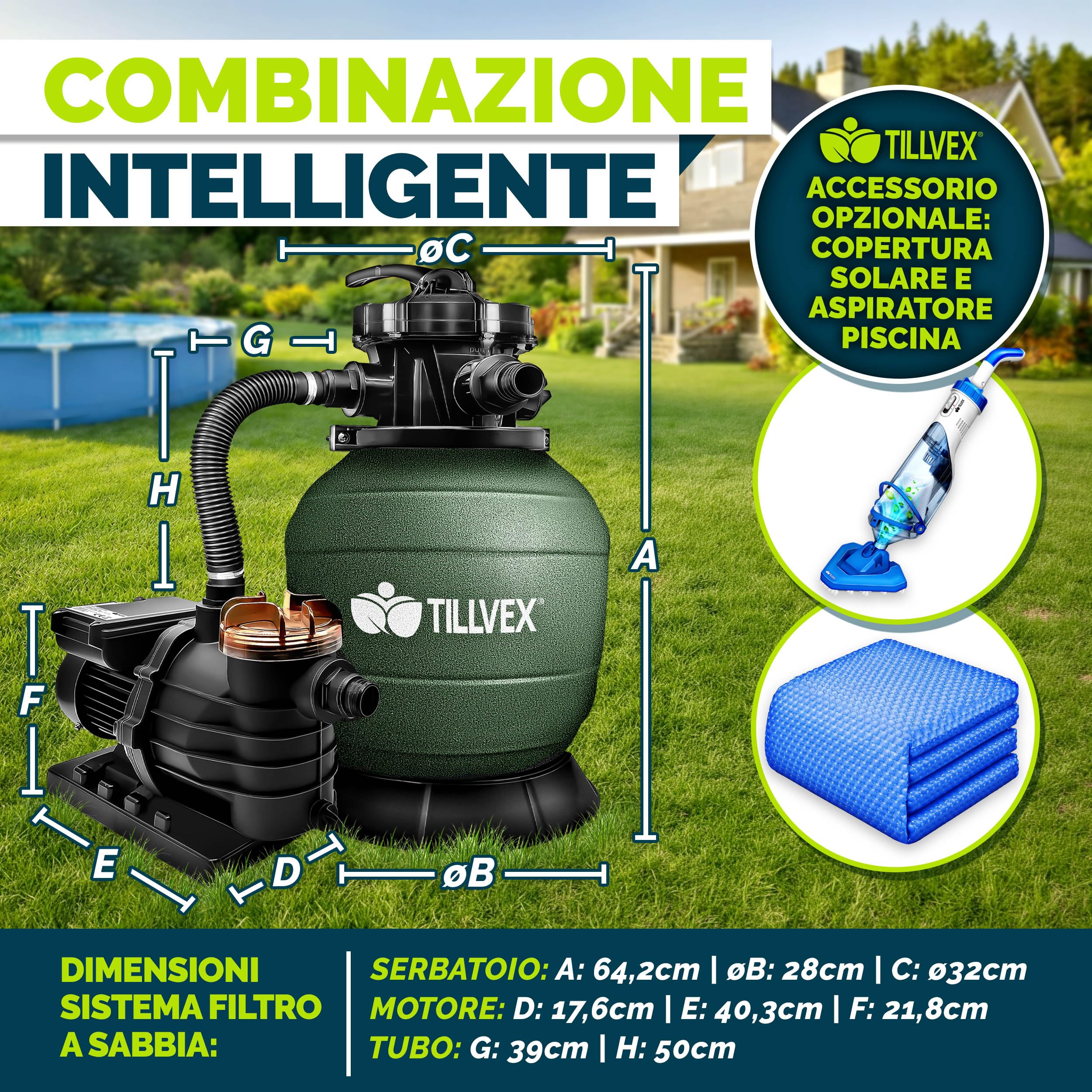 tillvex Depuratore d'acqua per piscina 10 m³/h 800 g sfere filtro Pompa filtro a sabbia con valvola