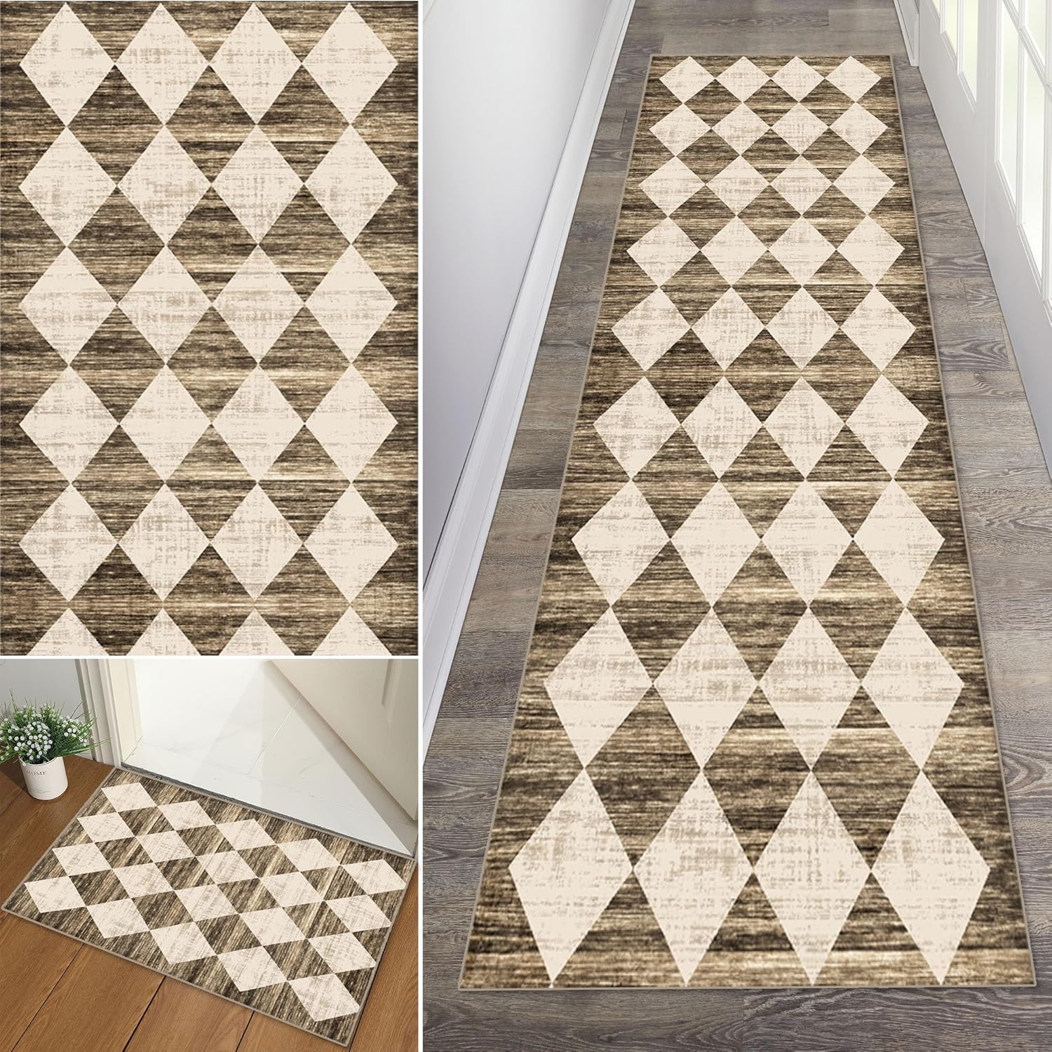 Baoeray Rug Runner Hallway NonSlip 40 x 350 cm Vintage Brown Grid