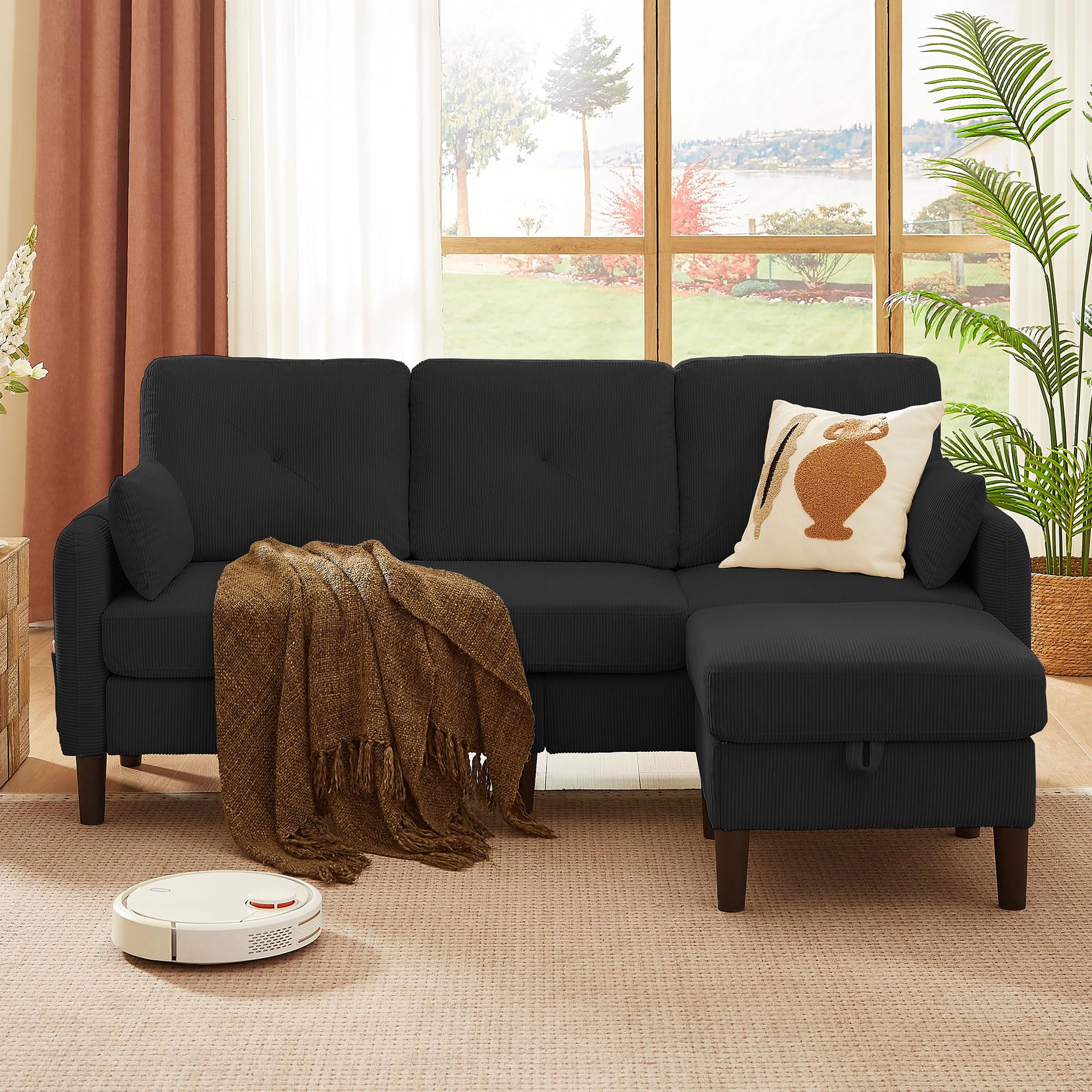 L Shaped Corduroy Sectional Sofa Couch, 3 Seater Sofa with Storage Ottoman &amp; 2Throw Pillows &amp; Side Storage Pockets, Compact L Couch for Living Room, Black