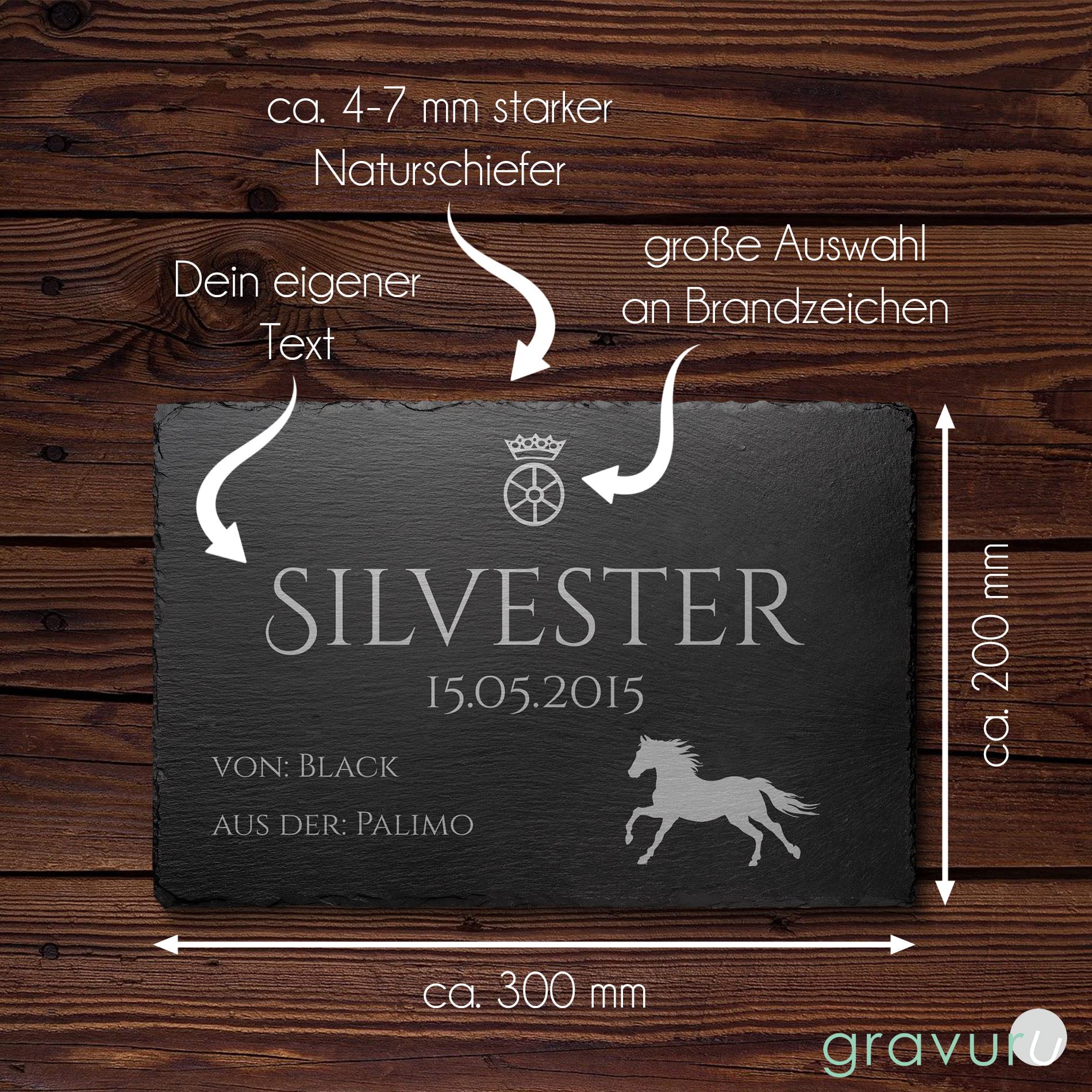 CHRISCK design Witterungsbeständiges Boxenschild aus Natur Schiefer | mit individueller Gravur mit Namen und Abstammung | 30x20 cm | wahlweise Selbstklebend oder mit Bohrlöchern (D18)