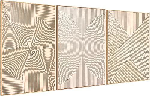 Miniatura 9 de Pintura de Arte de Pared Abstracta Neutra Enmarcada - Decoración de Pared de Lienzo Abstracto Grande con Ilustraciones de Curvas 3D Pintado a Mano