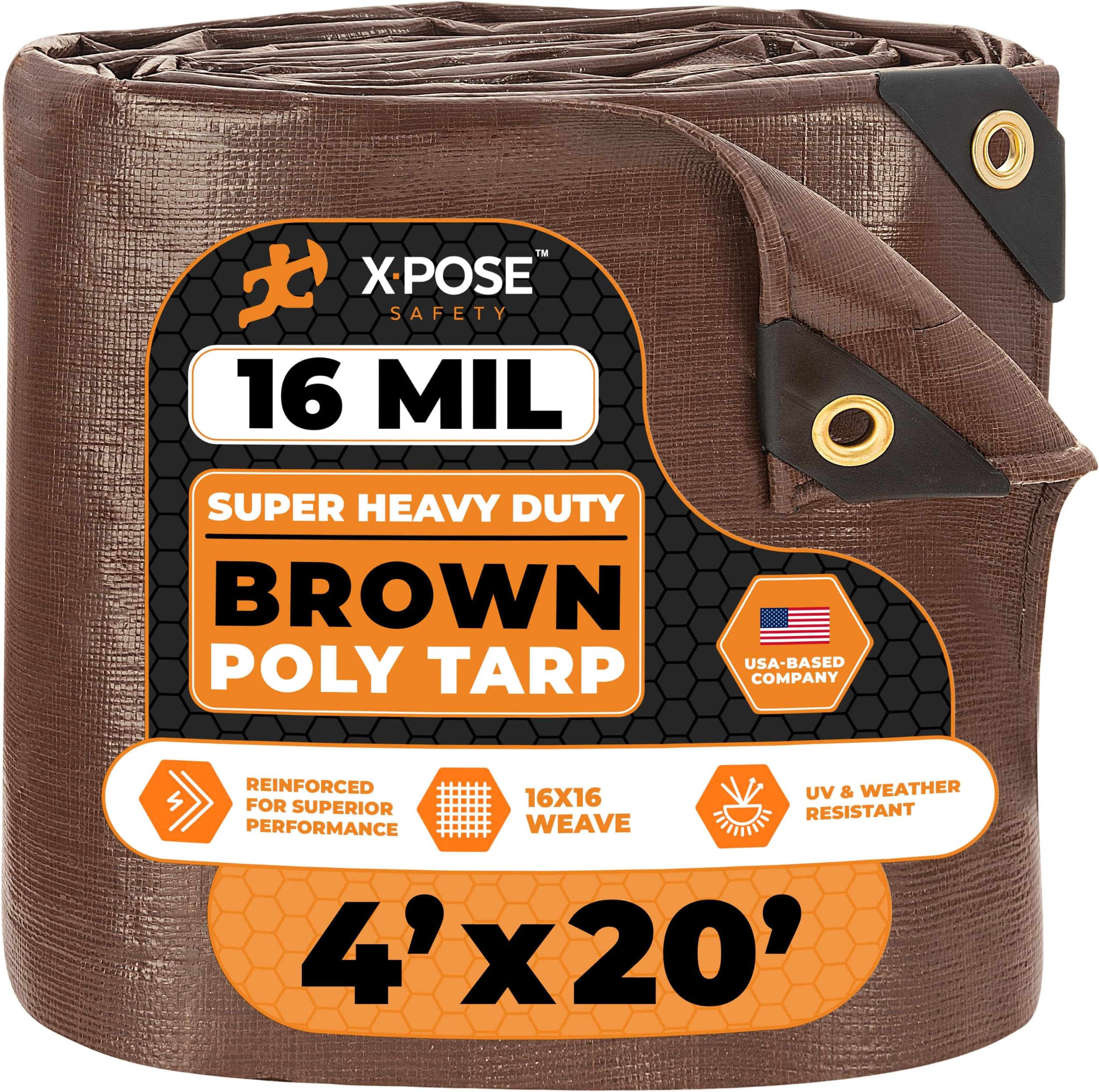 4' x 20' Super Heavy Duty 16 Mil Brown Poly Tarp Cover - Thick Waterproof, UV Resistant, Rip and Tear Proof Tarpaulin with Grommets and Reinforced Edges - by Xpose Safety