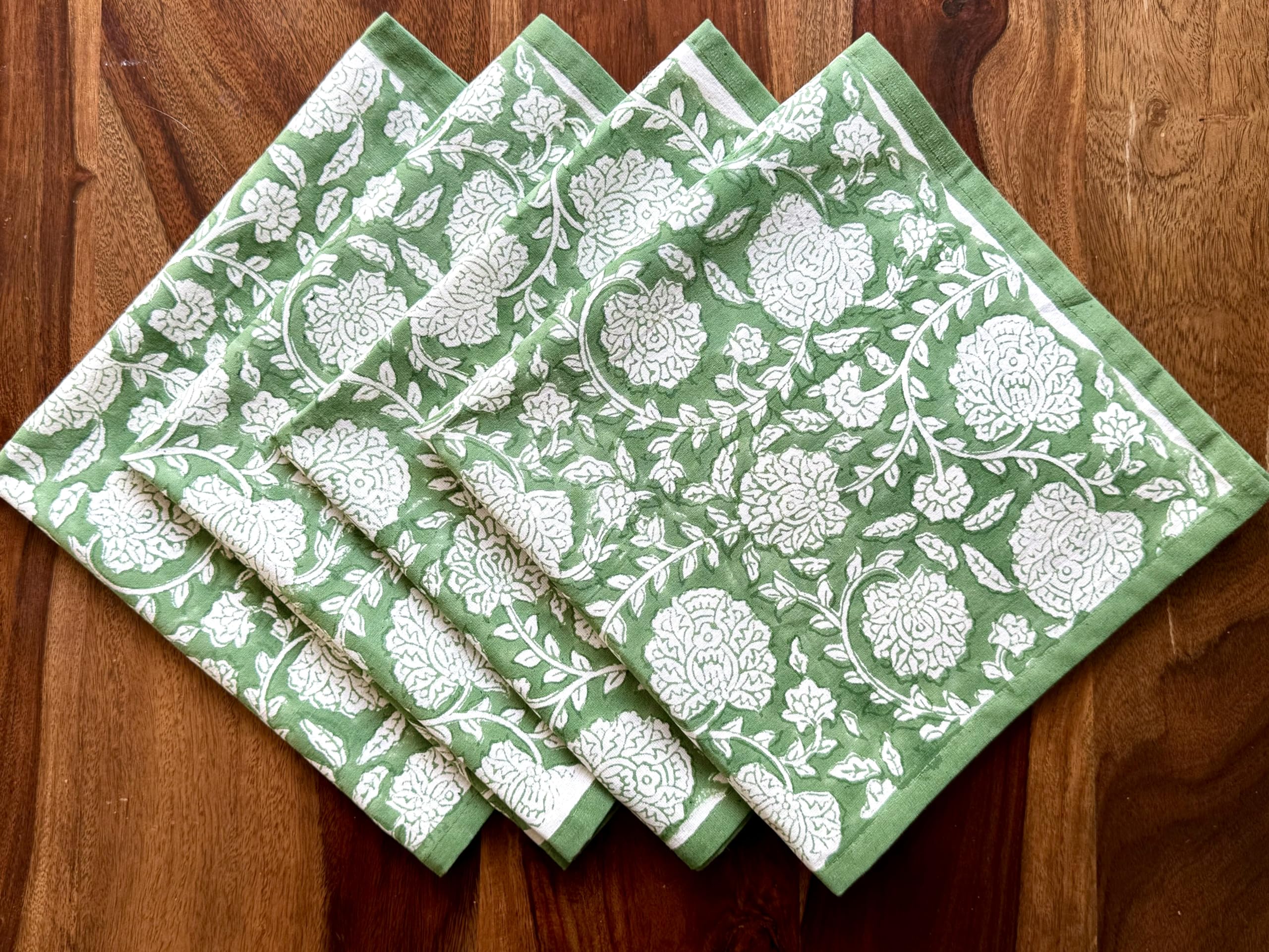 ATOSII Shalimar Green 100% Cotton Fall Cloth Designer Dinner Napkins, Handblock Print, Washable Durable Linen for Everyday Use Wedding Parties Outdoors Christmas I 20 X 20 Inches I Set of 4