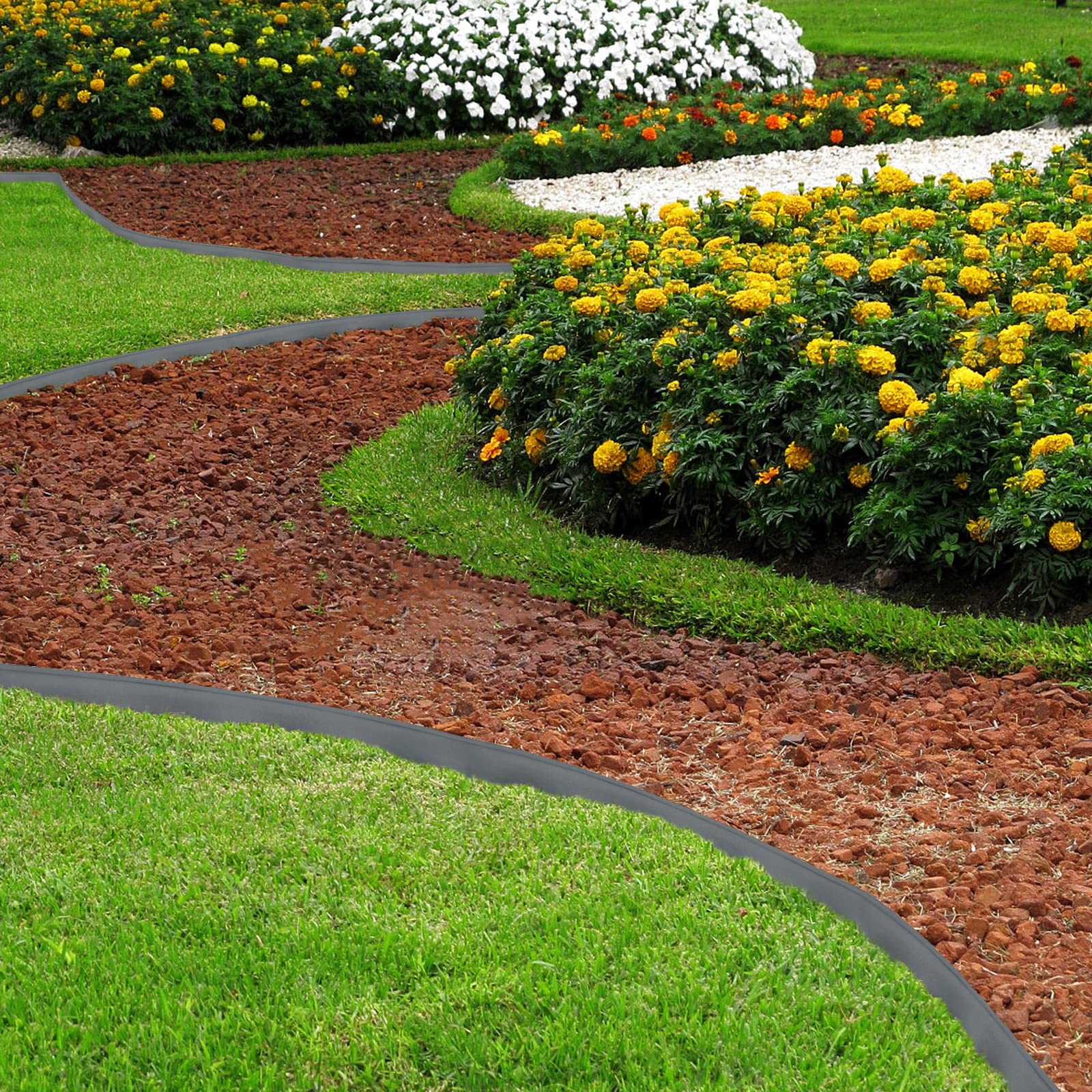 LZQ Borde para césped de plástico flexible con 30 clavos de fijación para jardines, césped y piedras, 10 m de largo, color gris claro