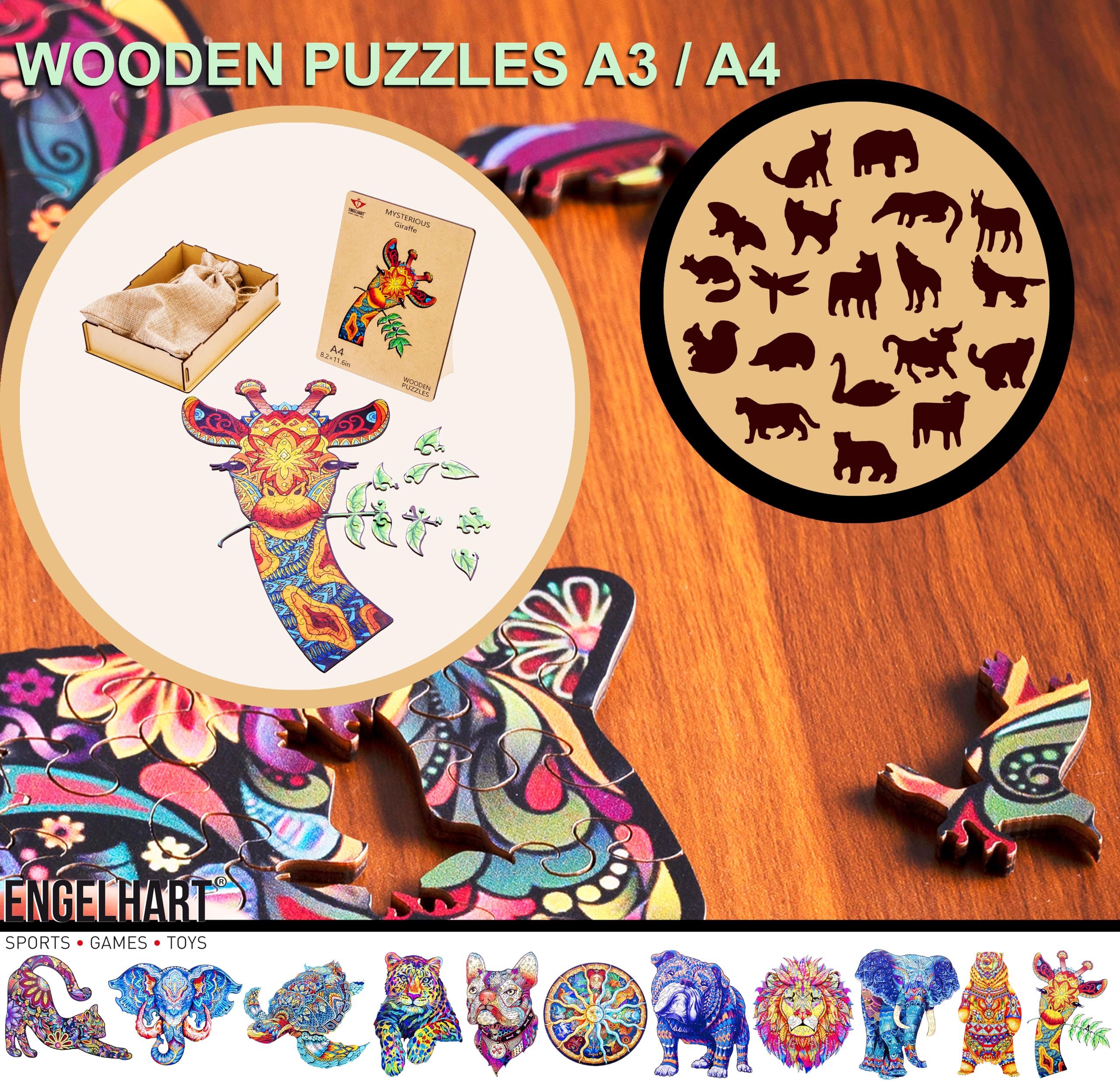 Engelhart - 602310 - Puzzle en Bois Ours - 193 Pièces Uniques - Puzzle Animaux - Boîte Cadeau en Bois - À partir de 12 Ans - 29.7 x 42 cm - Découpe au Laser, Épaisseur 3 mm
