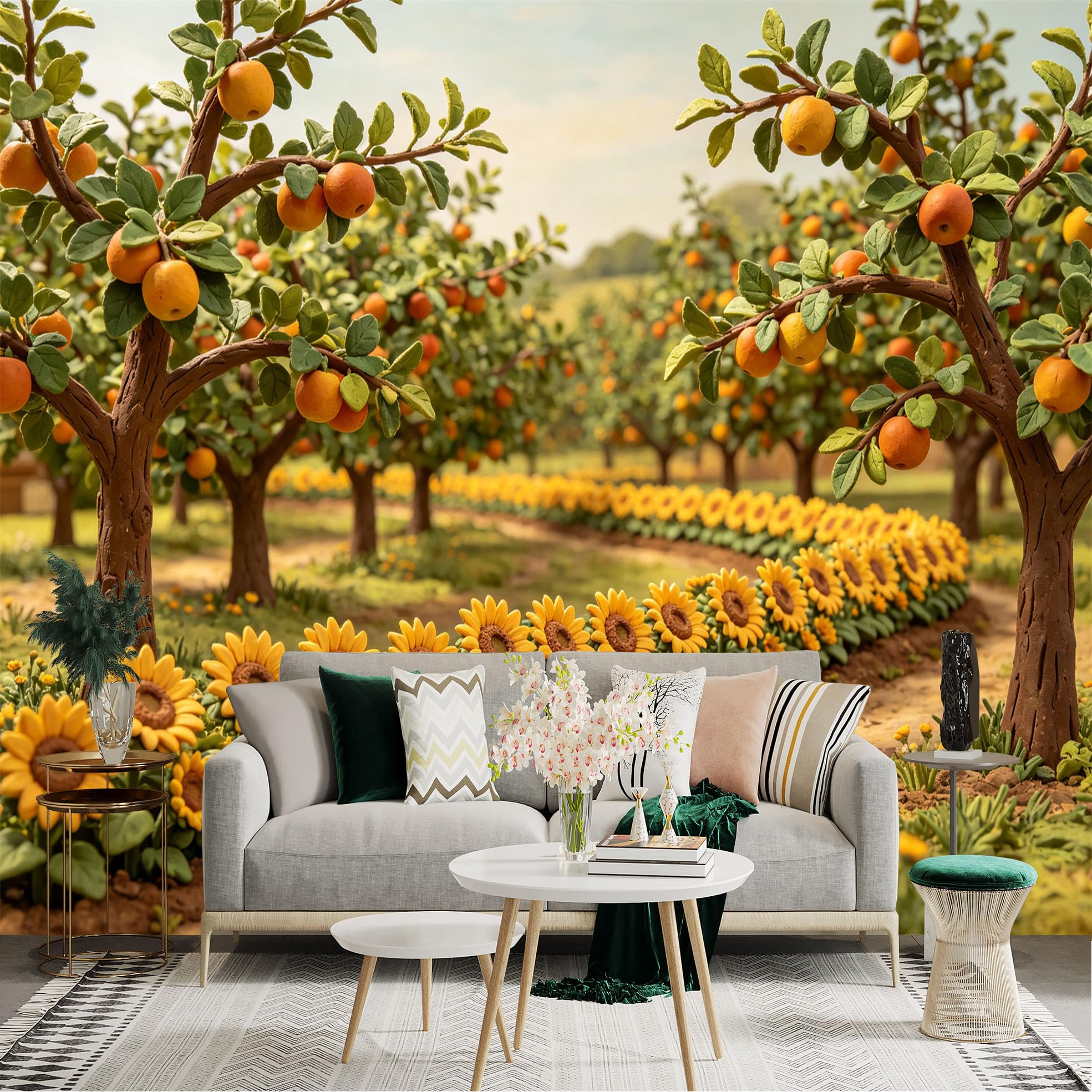 Lnzczhyre Dbh260521722 Custom Size Wall Sticker Mural， Orange Orchard With Blooming Sunflowers， Fruit Trees In Summer， Garden Landscape View， For Wall Decoration， Peelandstick Wall Decals.