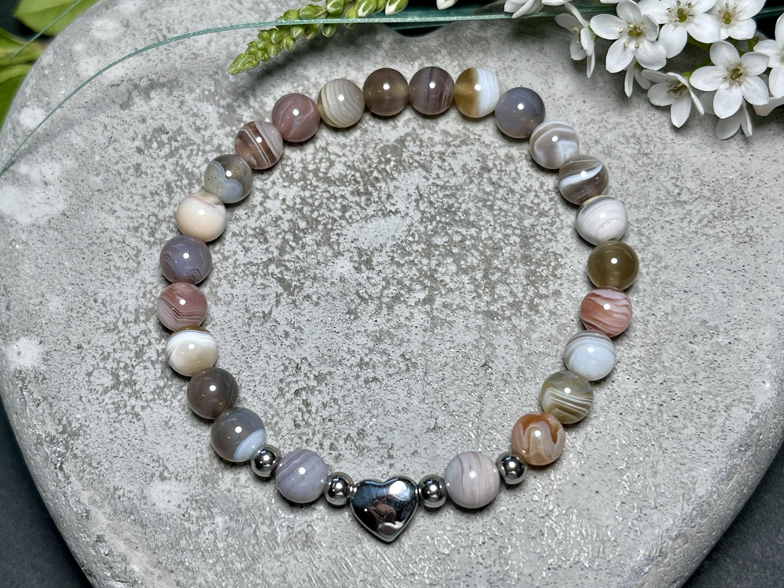 Botswana Achat Armband Perlen echt 6mm Herz Edelstahl Silber Gold Roségold ionisiert - Handmade Perlenarmband Willenskraft Optimismus Zuversicht - Spiritueller Schmuck Damen Mädchen