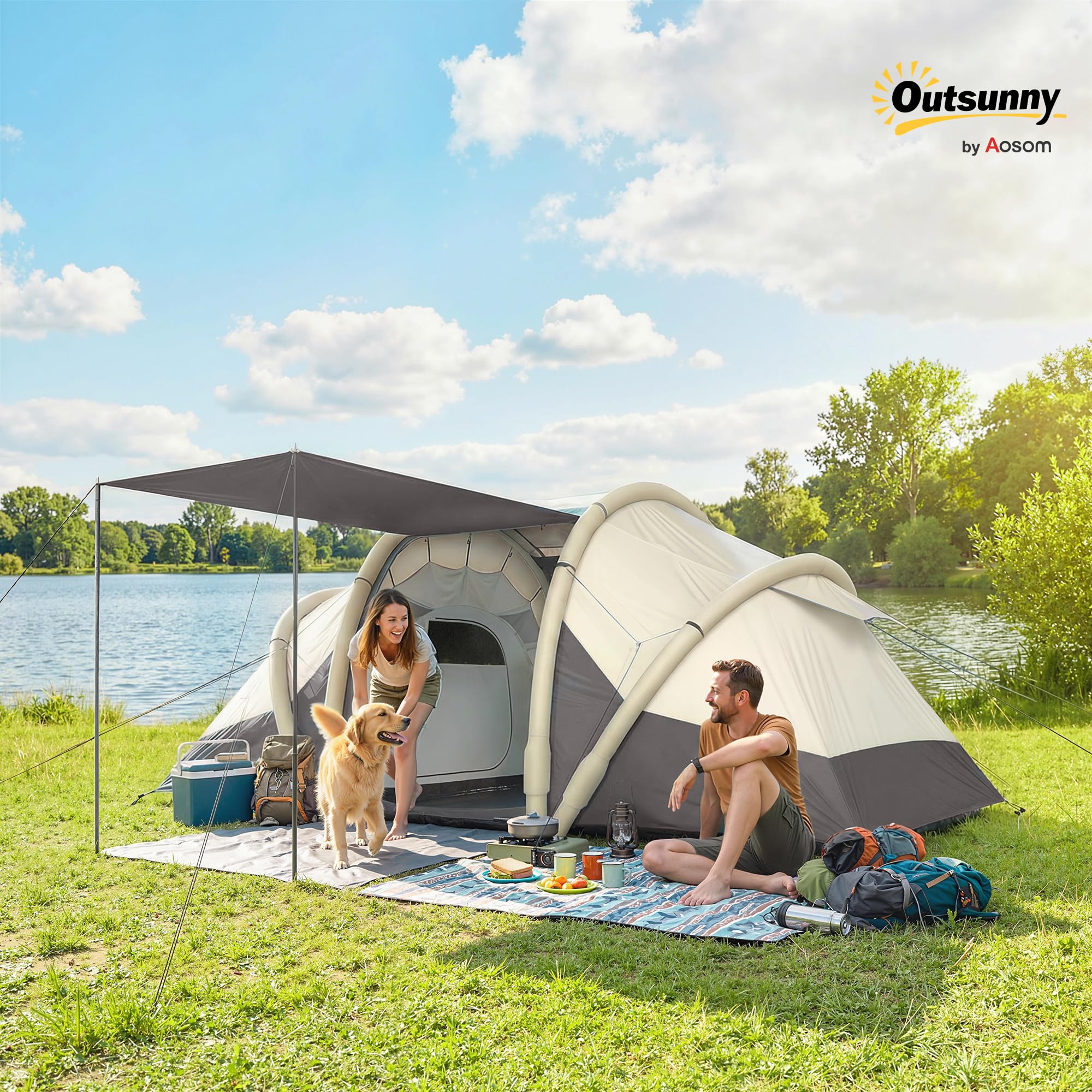 Outsunny Tente de Camping Gonflable 2-4 Personnes avec Pompe, 2 Chambres et Séjour - Tente Tunnel Familiale Imperméable 3000mm - 4,85m avec Valve de Décharge et Auvent, pour Camping, Gris