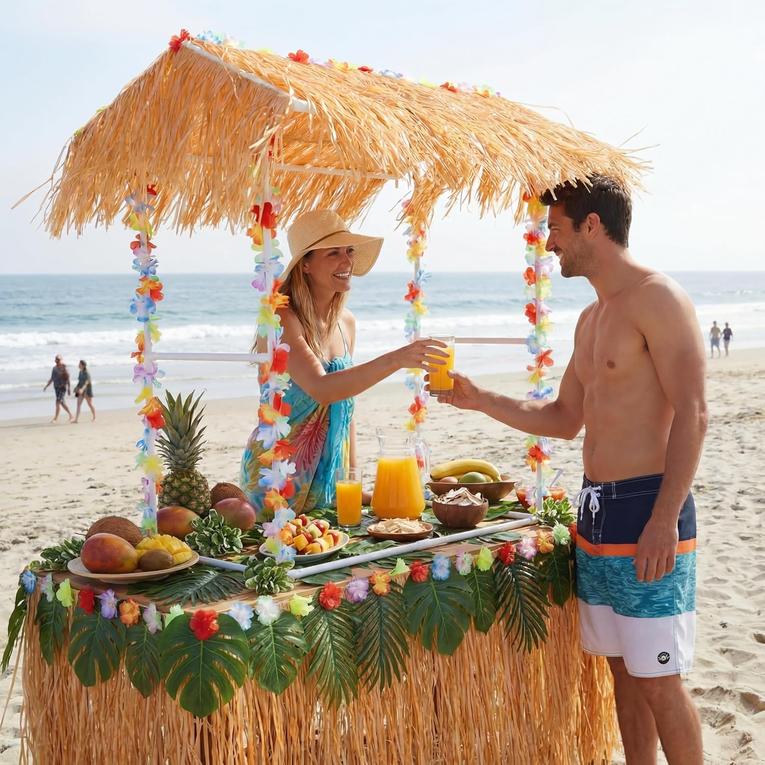 8 Pcs Tiki Bar Hut Stand Supplies Luau Hawaii Party Decorations Tiki Bar Decor with 1 Set Stand 1 Thatch 2 Monstera Leaf Banner 4 Tinsel for Summer Luau Hawaii Party Supplies Outside Patio