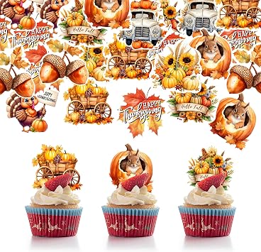 40 PCS Edible Pumpkin Day Cupcake Toppers Wafer Paper Thanksgiving Cake Decorations Picks for Autumn Thanksgiving Party Birthday Decor Supplies