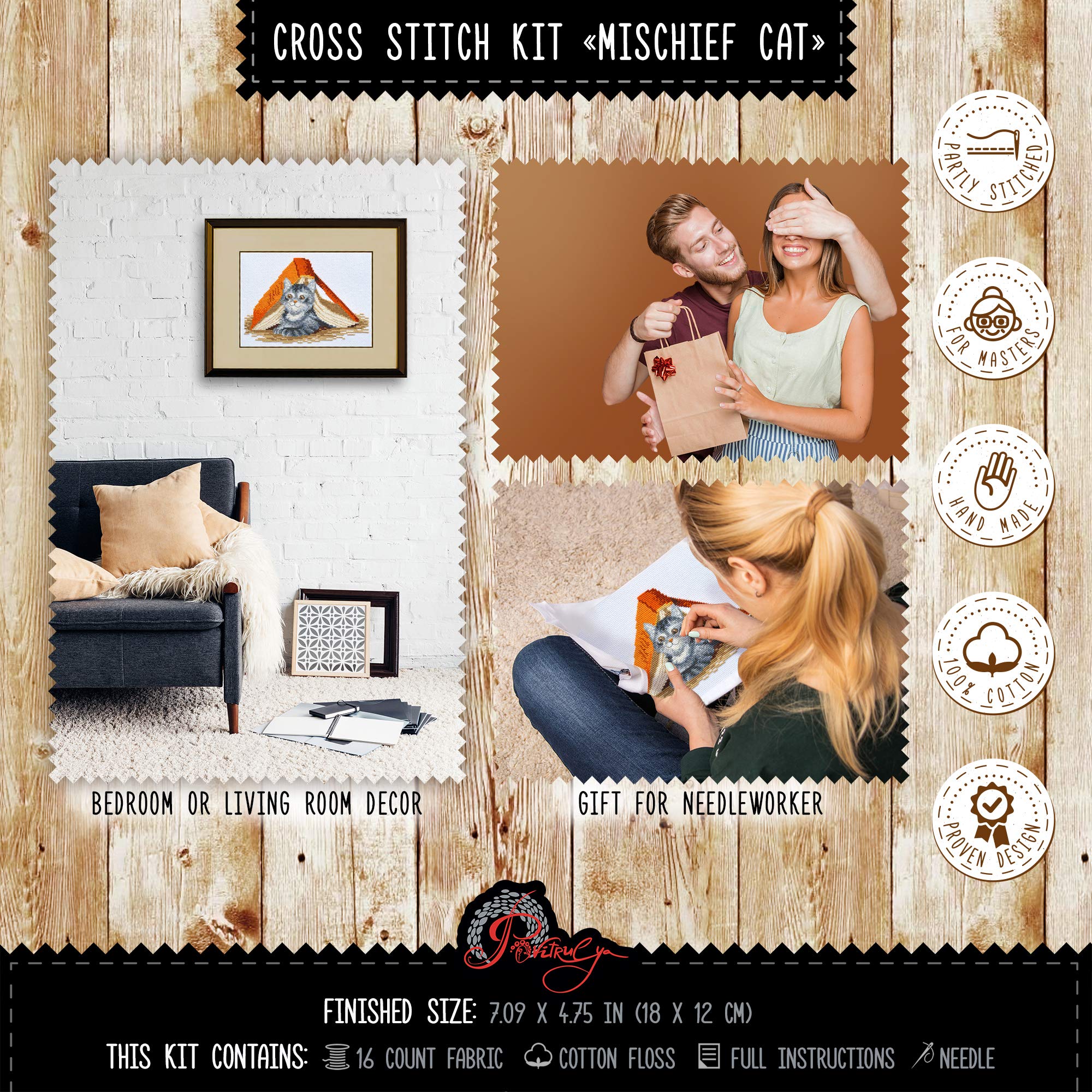 Kit de punto de cruz con diseño de gato con texto en inglés "Mischief Kitten"