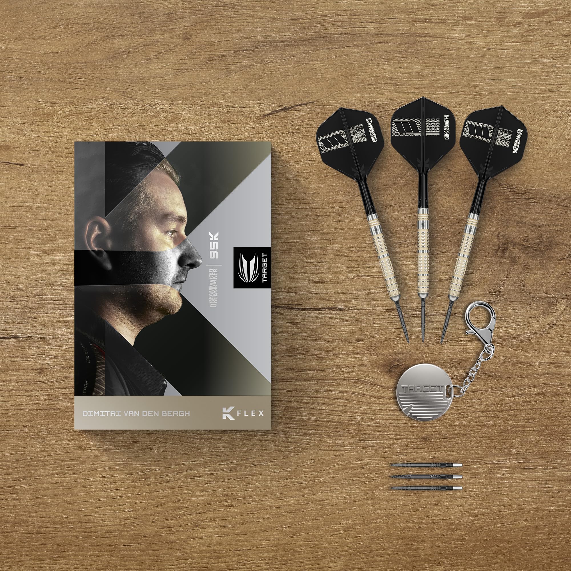 Target Darts Dimitri Van den Bergh Steel Tip 95K Dart Set, 22G/23G/24G | 95% wolframowe rzutki, lotki i trzonki K-Flex nr 2, czarne końcówki Swiss DX i narzędzie SP w zestawie | Player Edition