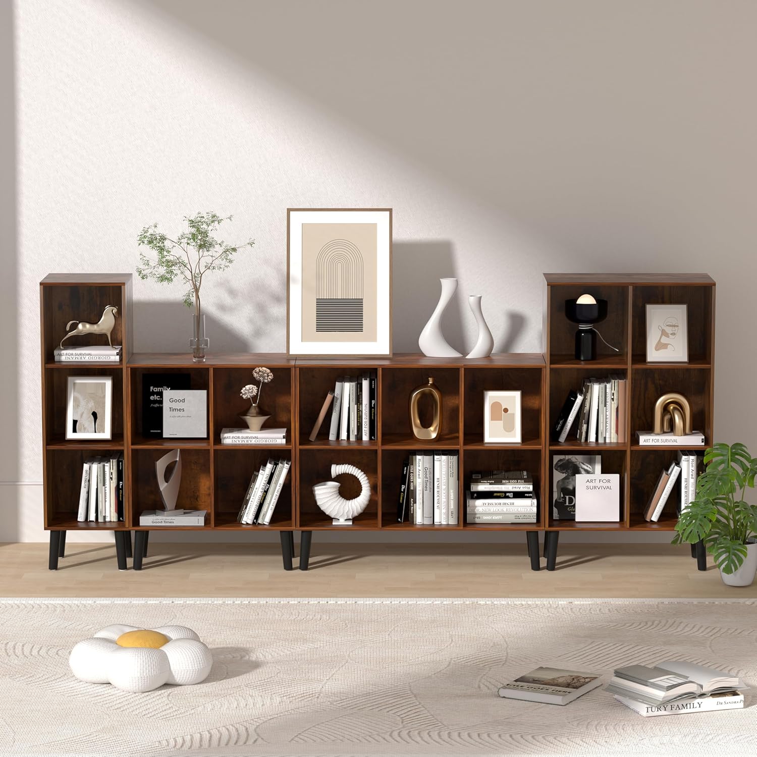 6 Cube Storage Organizer with Legs, 3 Tier Cube Low Bookcase Freestanding Storage Display Organizer for Home Office, Three-Cubes Open Shelf Bookshelf (Retro Brown, 6 Cube Horizontal)